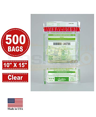 500 Tamper Evident Bank Deposit Bags 10x15 Inches - Clear Plastic with Twin Pockets, Serialized Numbering & Barcode - Press & Seal Void Closure Tape for Secure Cash Handling - Ideal for Retail Stores, Banks & Business Deposits