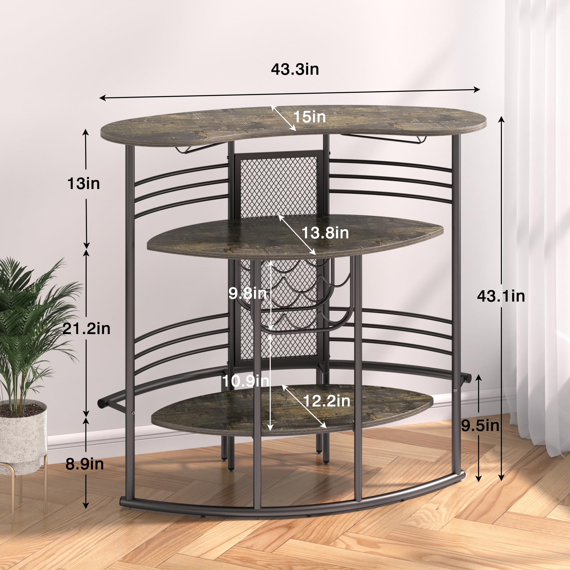VECELO 3-Tier Industrial Home Bar Cabinet with Storage Shelves & Wine Glass Holder - Oak Finish Mini Coffee Bar Table for Kitchen, Living Room, Pub | Perfect for Entertaining, Small Space Storage & Home Decor
