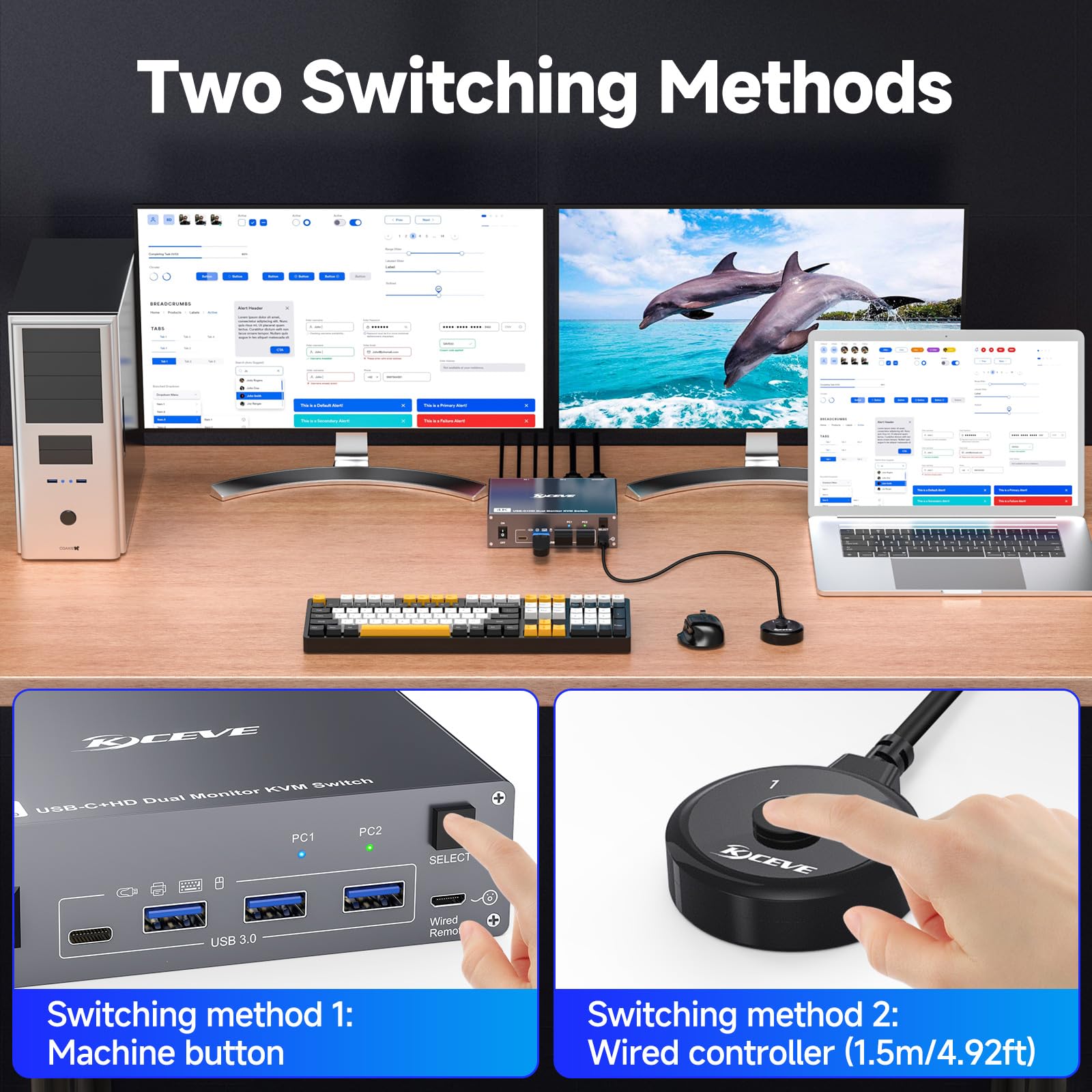 4K@60Hz USB C KVM Switch - Dual Monitor HDMI KVM for 1 PC & 1 Laptop, Share 2 Monitors & 4 USB 3.0 Devices with 100W PD Charging | Includes Wired Remote & USB Cables | Perfect for Home Office & Multi-Device Workstations