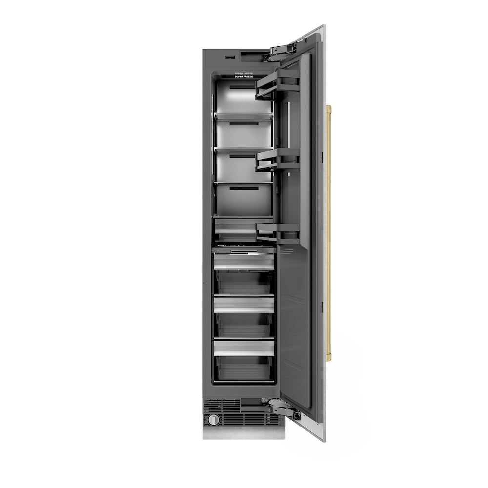 ZLINE Autograph Edition 18 Inch 8.6 cu ft Right Hinge Column Freezer - Stainless Steel with Graphite Gray Interior & Champagne Bronze Accents (RCFVRZ SN 18 CB) - Perfect for Home Kitchen, Basement, or Garage Storage