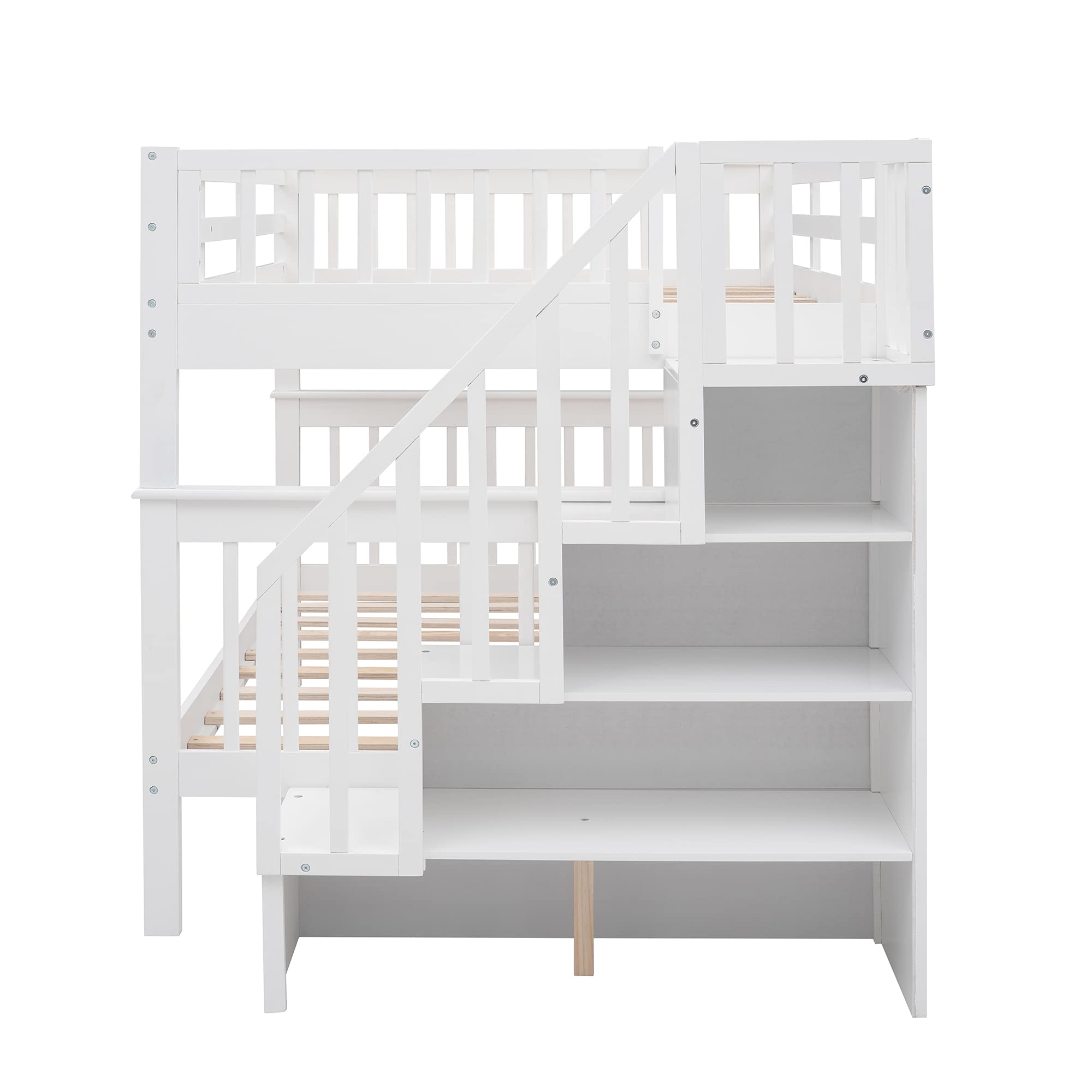 Full Over Full Bunk Bed with Storage & Guard Rail - Solid Wood Twin Bunk Bed for Kids, Teens, Dorm Rooms & Small Spaces - Space-Saving Bedroom Furniture with Underbed Storage (White) - Perfect for Shared Kids' Rooms, College Dorms & Guest Bedrooms