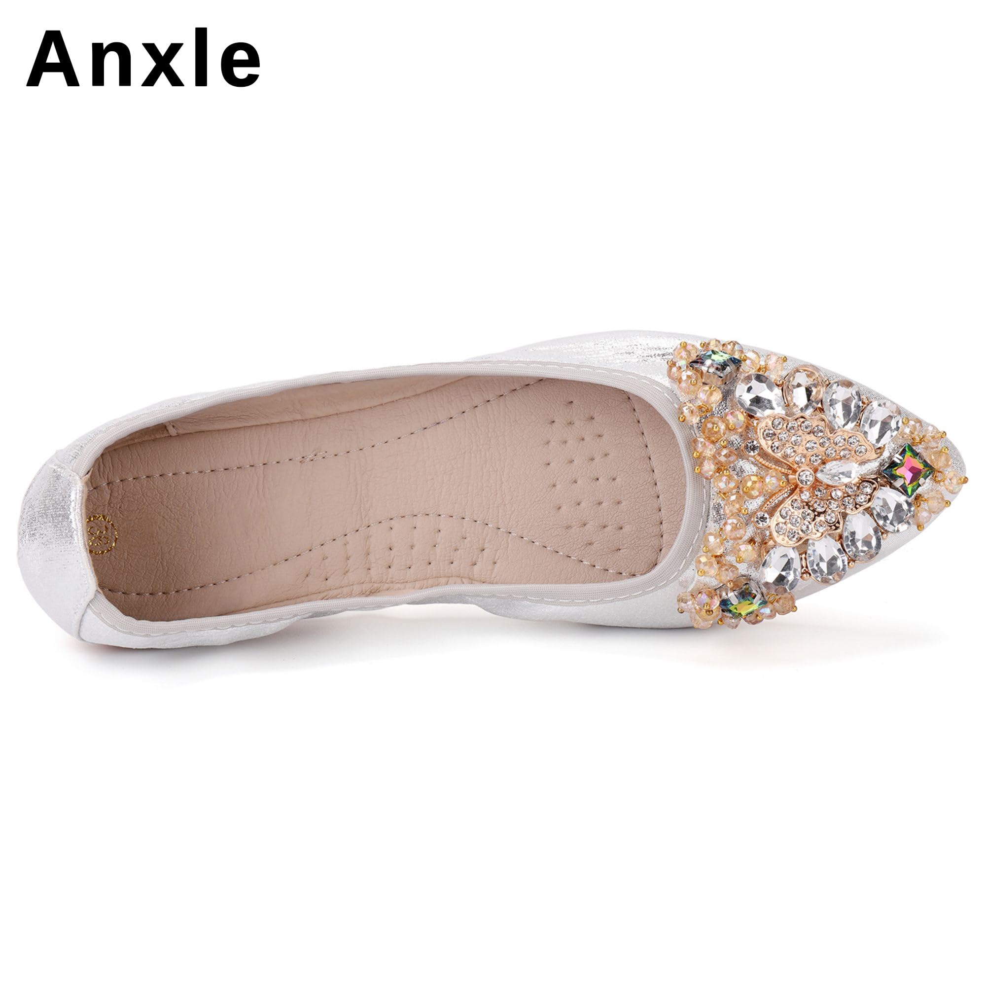 Women's Foldable Ballet Flats with Rhinestones - Comfortable Pointed Toe Slip-On Loafers for Work, Walking & Bridal Occasions | Perfect Dress Shoes for Weddings, Office & Travel