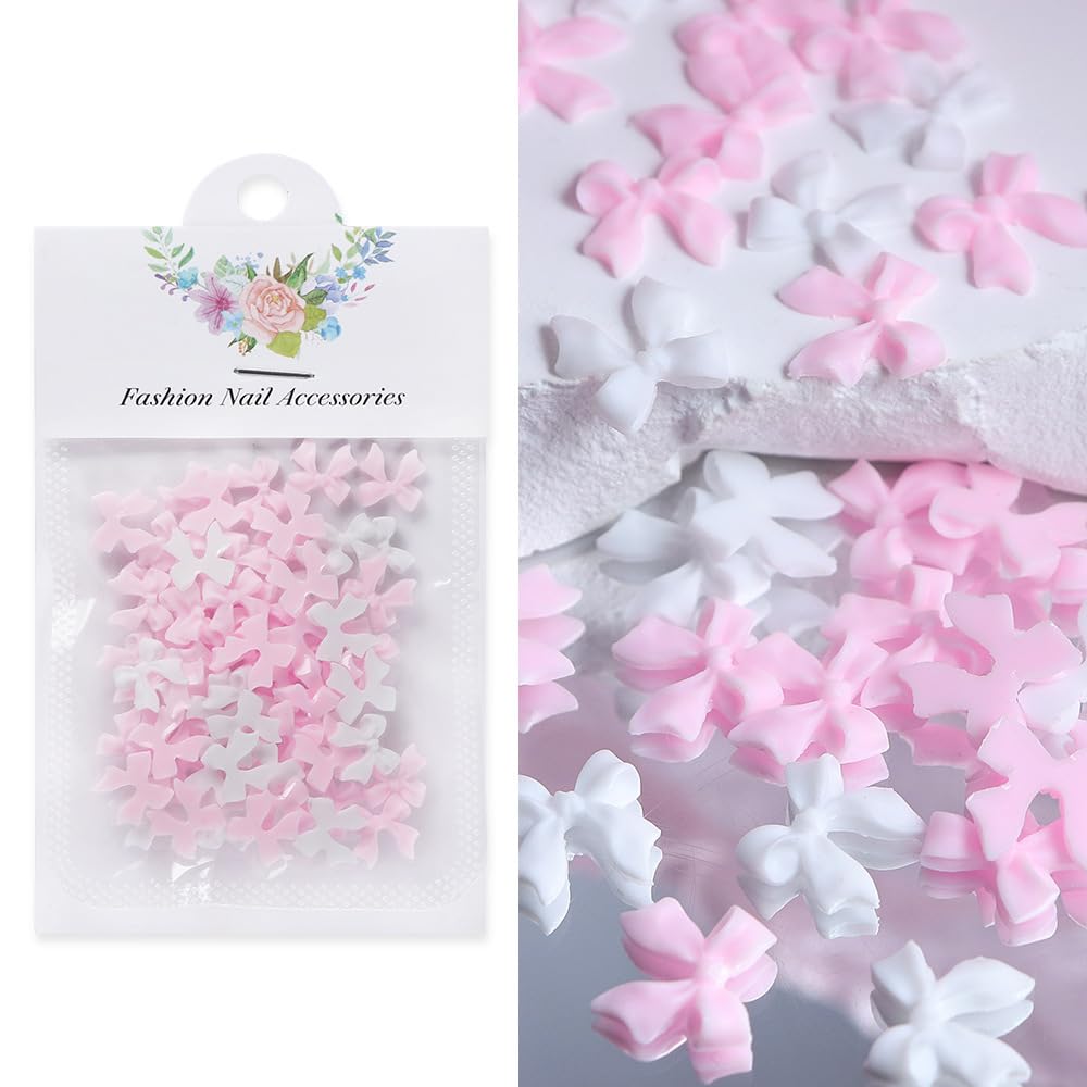 50Pcs 3D Nail Bows Charms - Pink & White Resin Bowknot Nail Art Decorations for Women, DIY Nail Design Supplies, Perfect for Manicures, Parties & Special Occasions