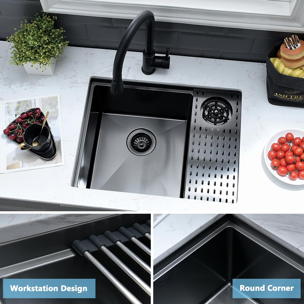 24 Inch Black Undermount Kitchen Sink with Glass Rinser - 16 Gauge Deep Single Bowl Stainless Steel Sink for Wet Bar & Workstation | VASOYO 24x19 Inch | Perfect for Modern Kitchens, Bars & Commercial Use