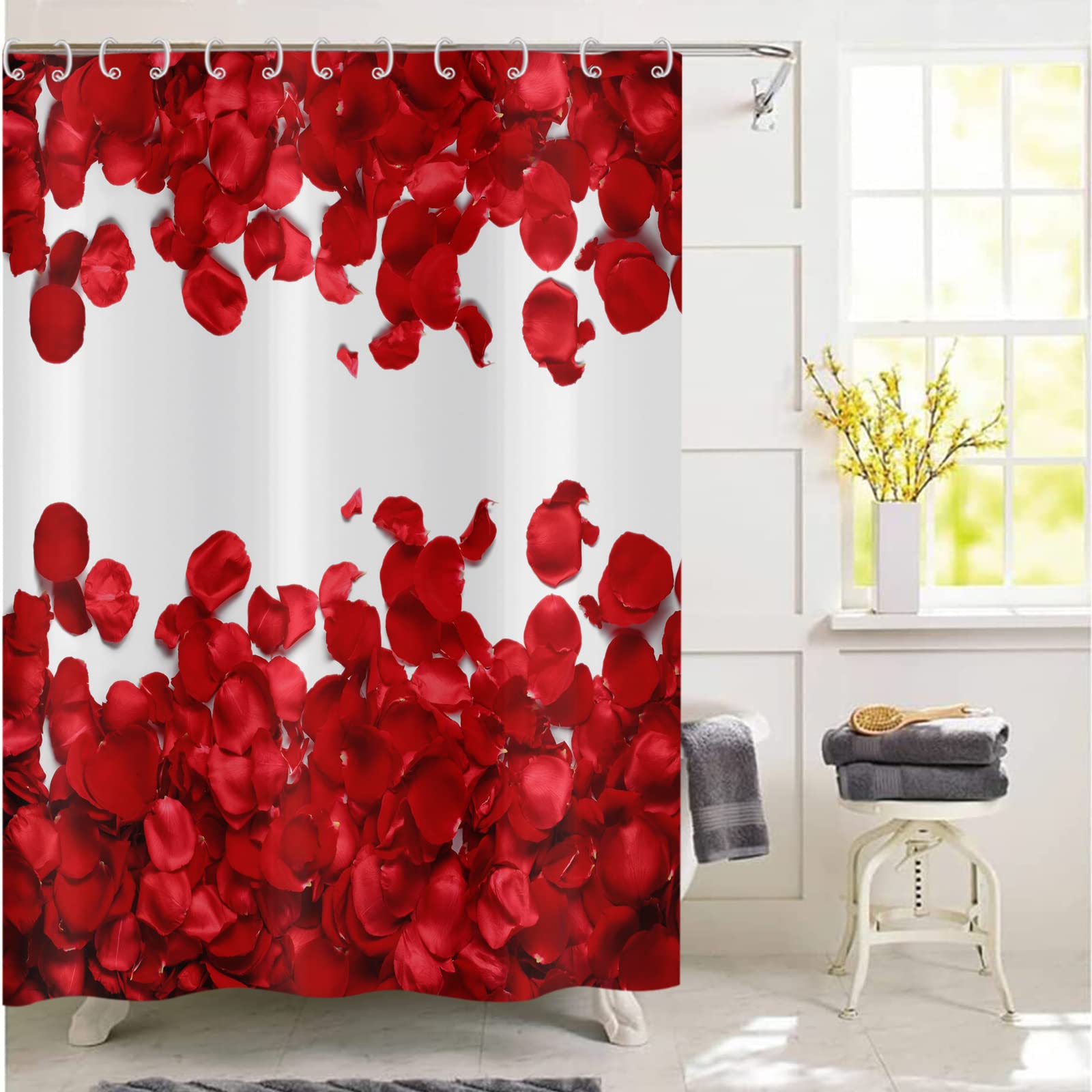 Valentine's Day Rose Shower Curtain - Waterproof Floral Bathroom Decor with Hooks, 72x72 Inch - Romantic Red Rose Design for Couples Gift & Master Bathroom Upgrade