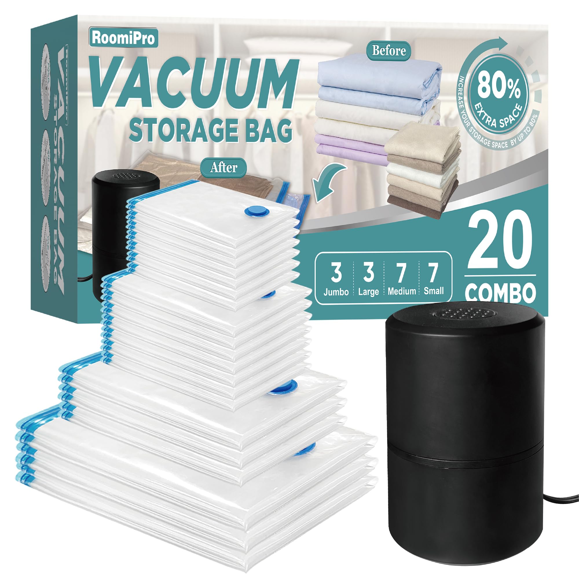 20 Pack Vacuum Storage Bags with Electric Pump (3 Jumbo/3 Large/7 Medium/7 Small) - Space Saving Compression Bags for Clothes, Comforters, Blankets & Bedding - Perfect for Travel, Seasonal Storage & Home Organization