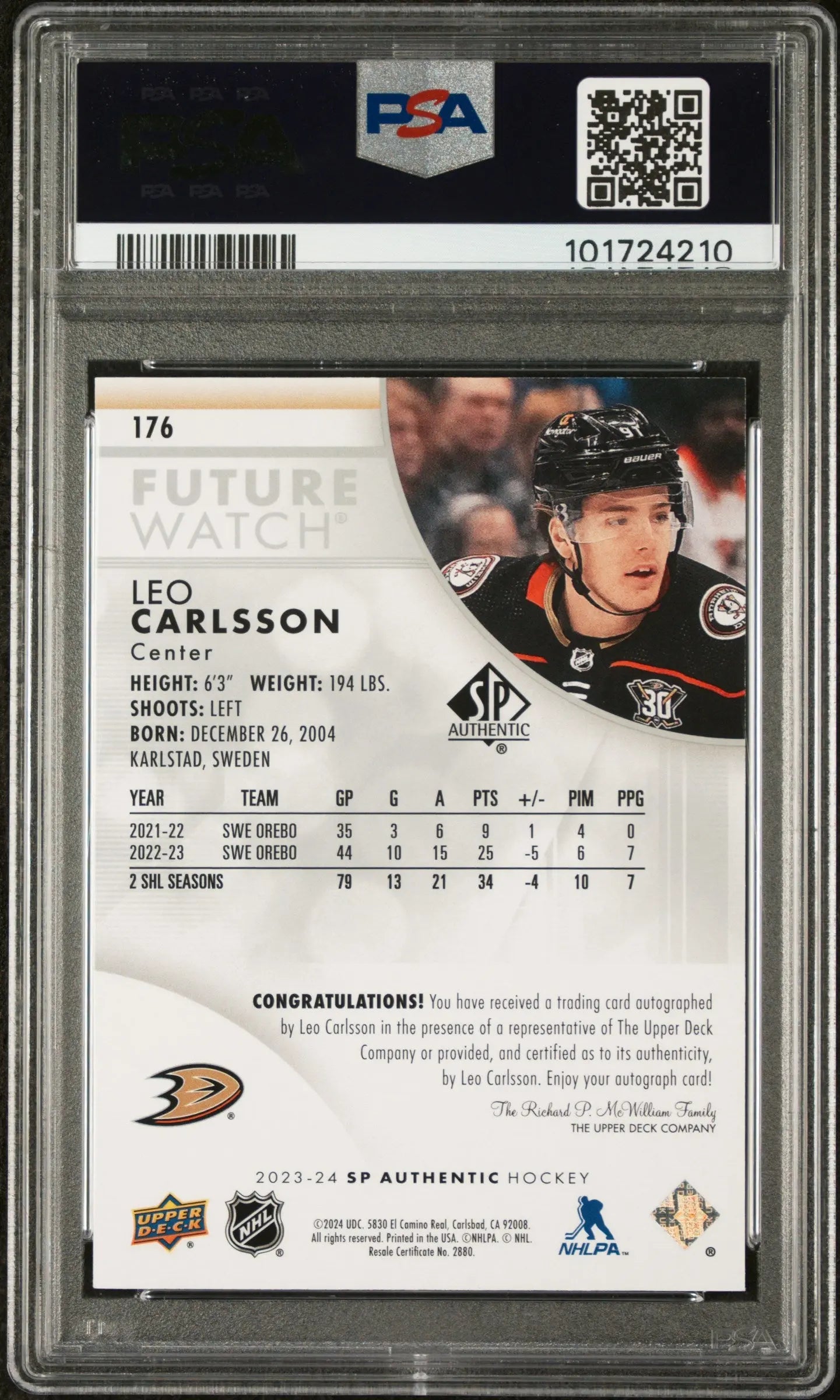2023 UD SP Authentic Leo Carlsson Future Watch Autograph PSA 9 /999 - Rare Hockey Rookie Card for Collectors & Investors - Perfect for Sports Memorabilia Displays & Trading