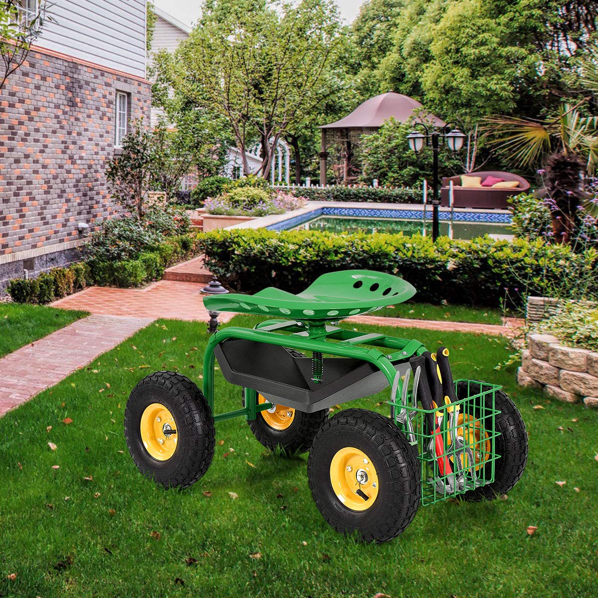 Heavy Duty Garden Cart with Adjustable Swivel Seat - Rolling Work Seat for Planting, Gardening, and Yard Work - Includes Tool Tray & Storage Basket - Perfect for Landscaping, Farm Work, and Outdoor Projects
