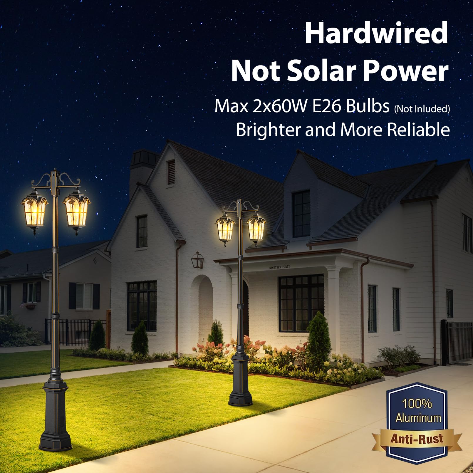 Outdoor Lamp Post Lights with GFCI Outlet - Dusk to Dawn Double Head Street Light Fixture - Black Aluminum Exterior Pole Lights - Waterproof Outdoor Lighting for Garden, Patio, Pathway, Driveway - Perfect for Landscape, Backyard, and Security Lighting