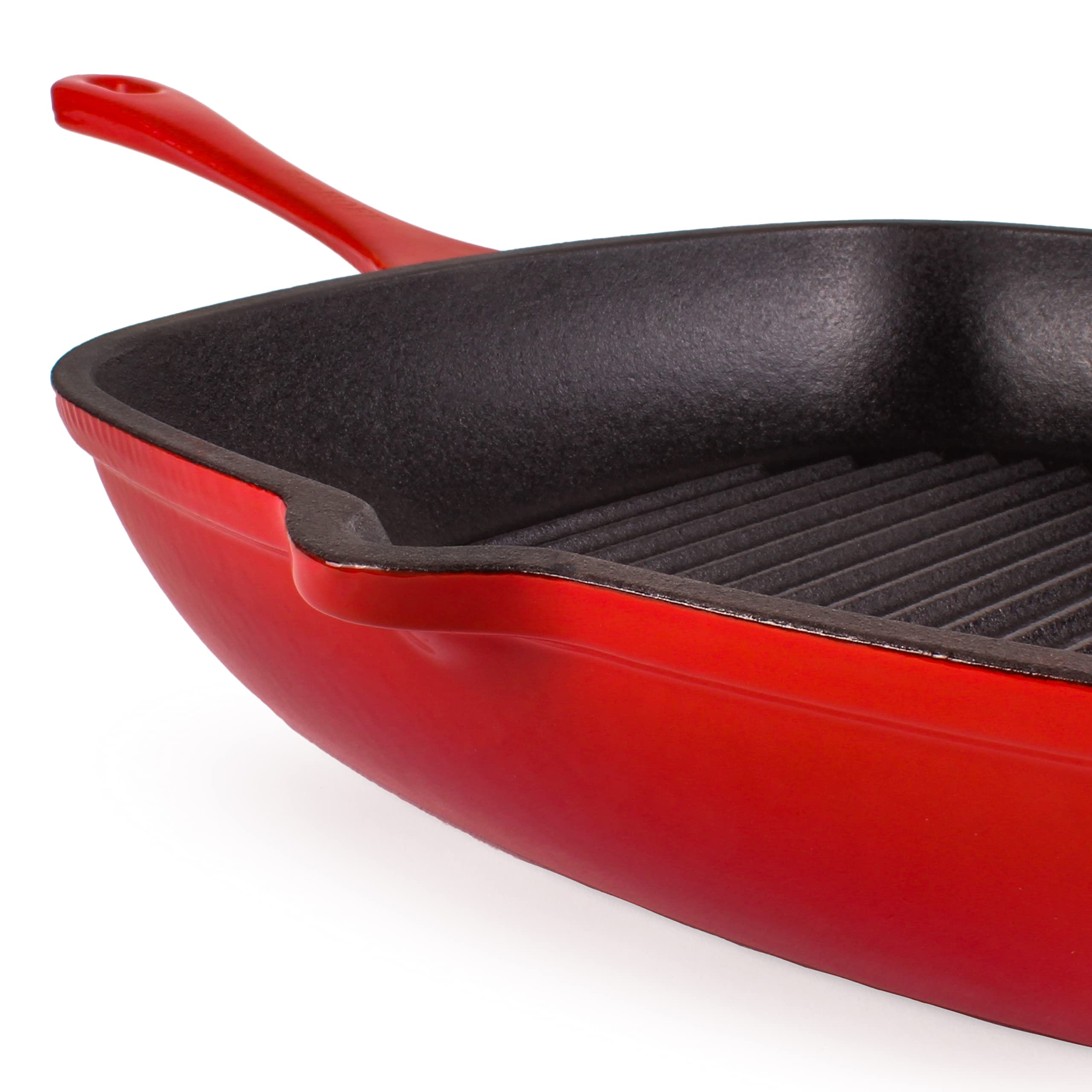 Berghoff Neo 11 Inch Red Cast Iron Grill Pan - Heavy Duty Skillet for Steak, Chicken & Vegetables - Perfect for Stovetop, Oven & Outdoor Cooking