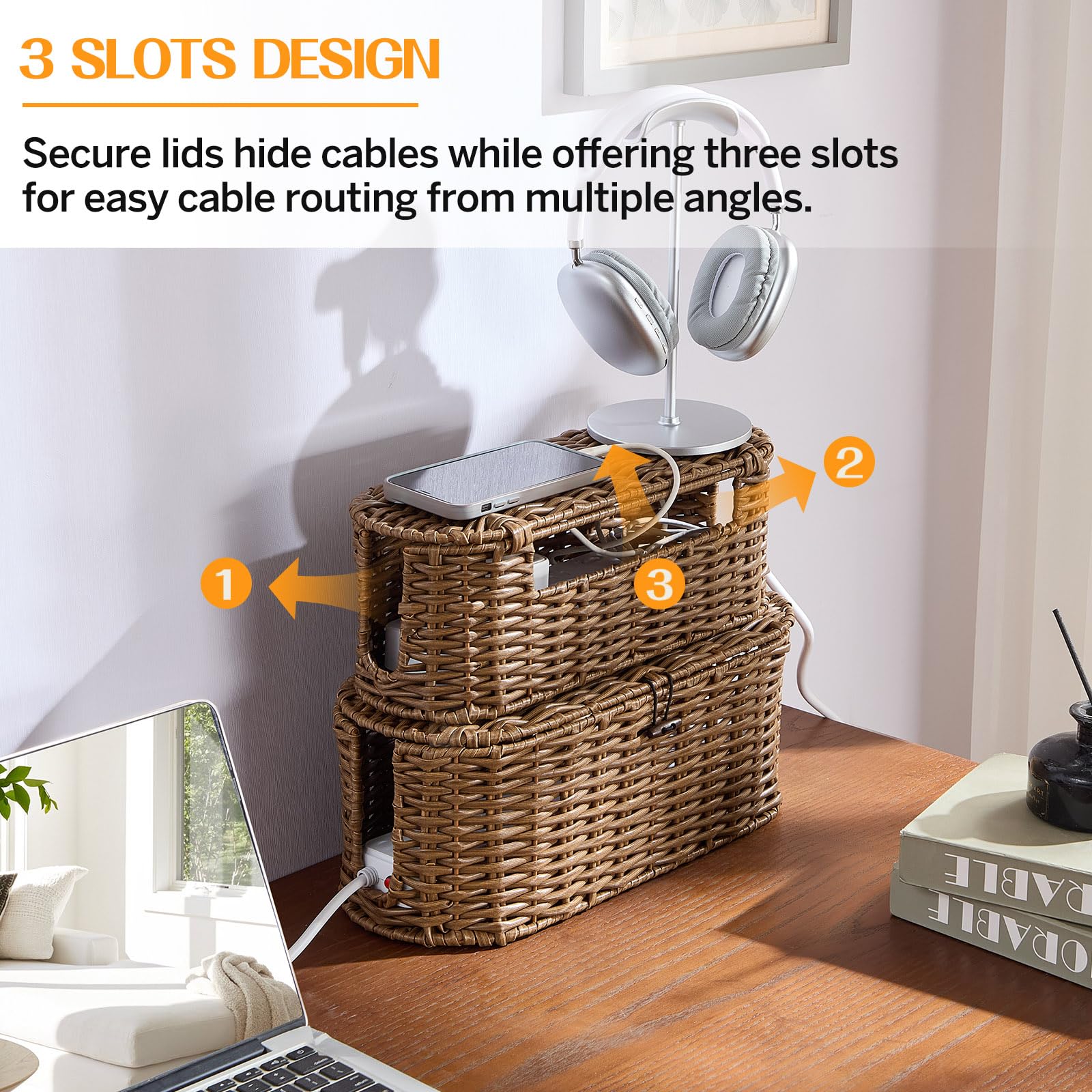 FairyHaus 2-Pack Woven Cable Management Box - Small & Large Cord Organizer to Hide Power Strips & Wires | Brown Wicker-Style Desk & Floor Cable Hider for Home Office, Living Room & Bedroom Organization