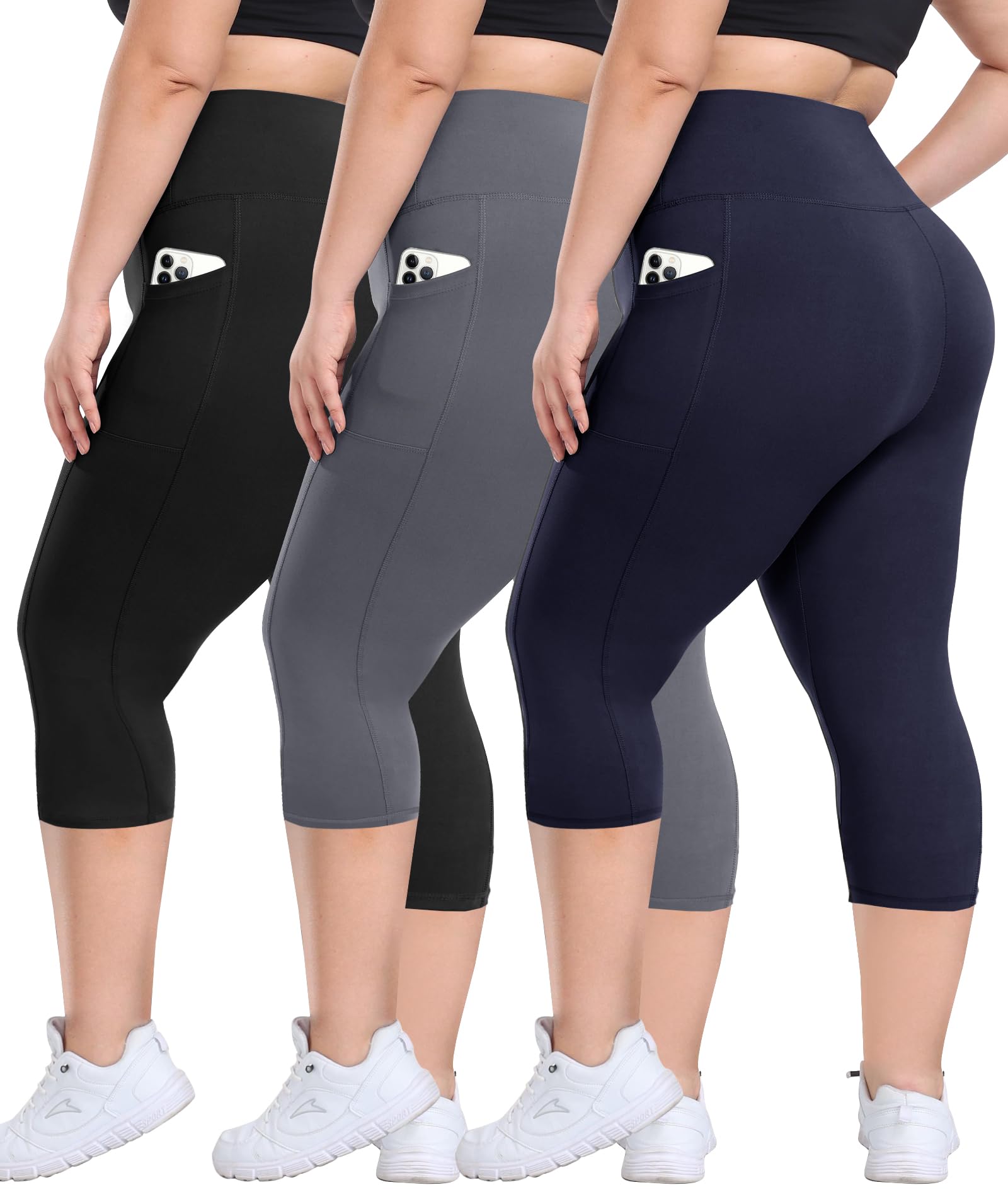 3 Pack Plus Size Women's High Waisted Leggings with Pockets - Tummy Control Spandex Yoga Pants for Workout, Running & Lounge Wear - Soft Black Comfortable Stretchy Activewear