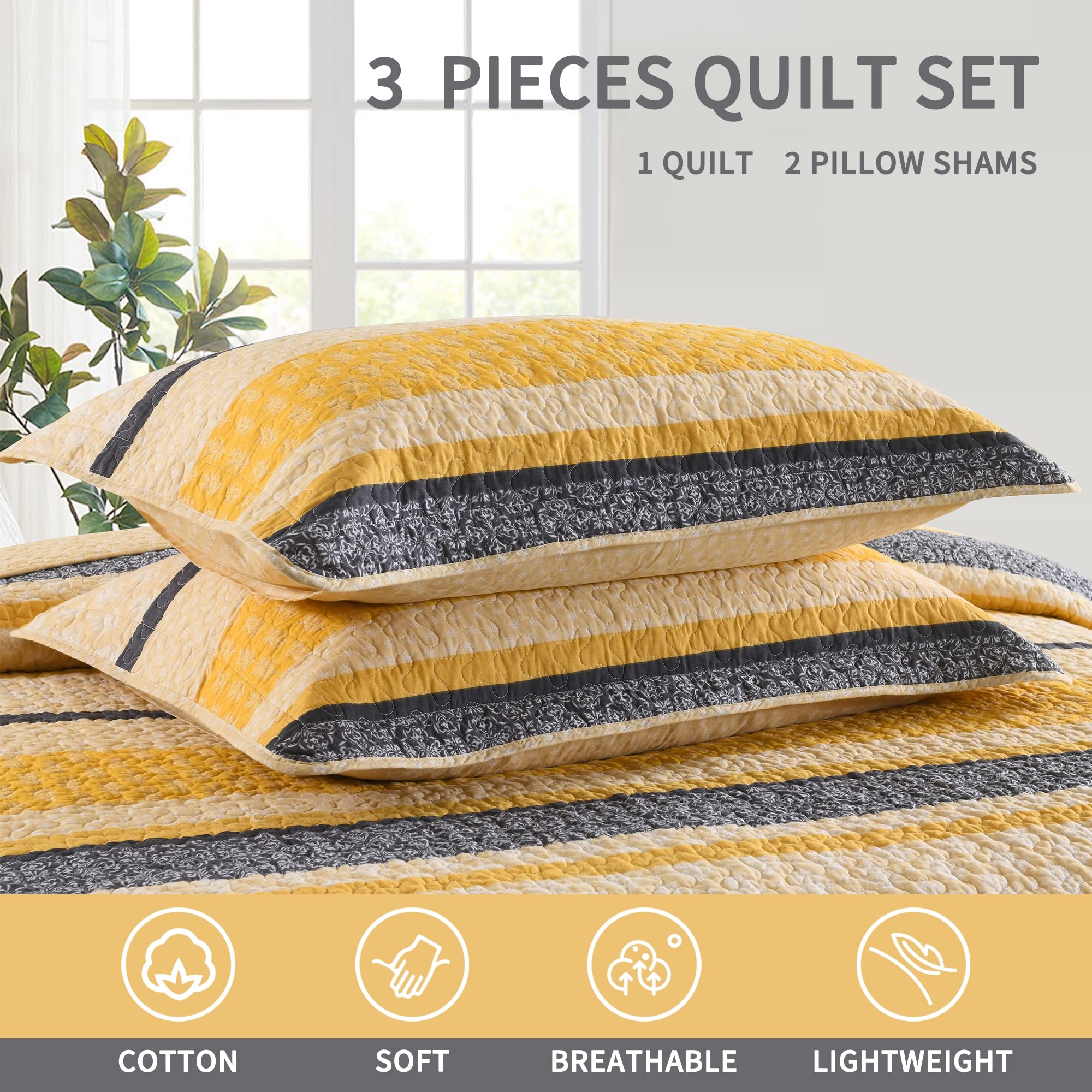 Homzard Queen Size Quilt Bedding Set - 3 Piece Lightweight Cotton Comforter in Yellow, Black & Grey Stripes | Farmhouse Style All Season Bedspread for Cozy Home Decor