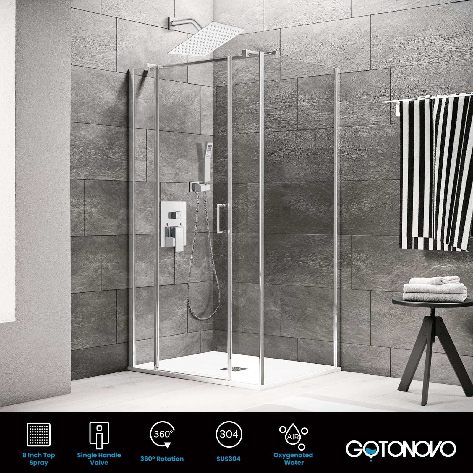 Gotonovo 8 Inch Rainfall Shower System - Wall Mounted Shower Head and Handle Combo with Solid Brass Pressure Balancing Mixer Valve in Polished Chrome - Perfect for Luxurious Spa-Like Bathroom Experience