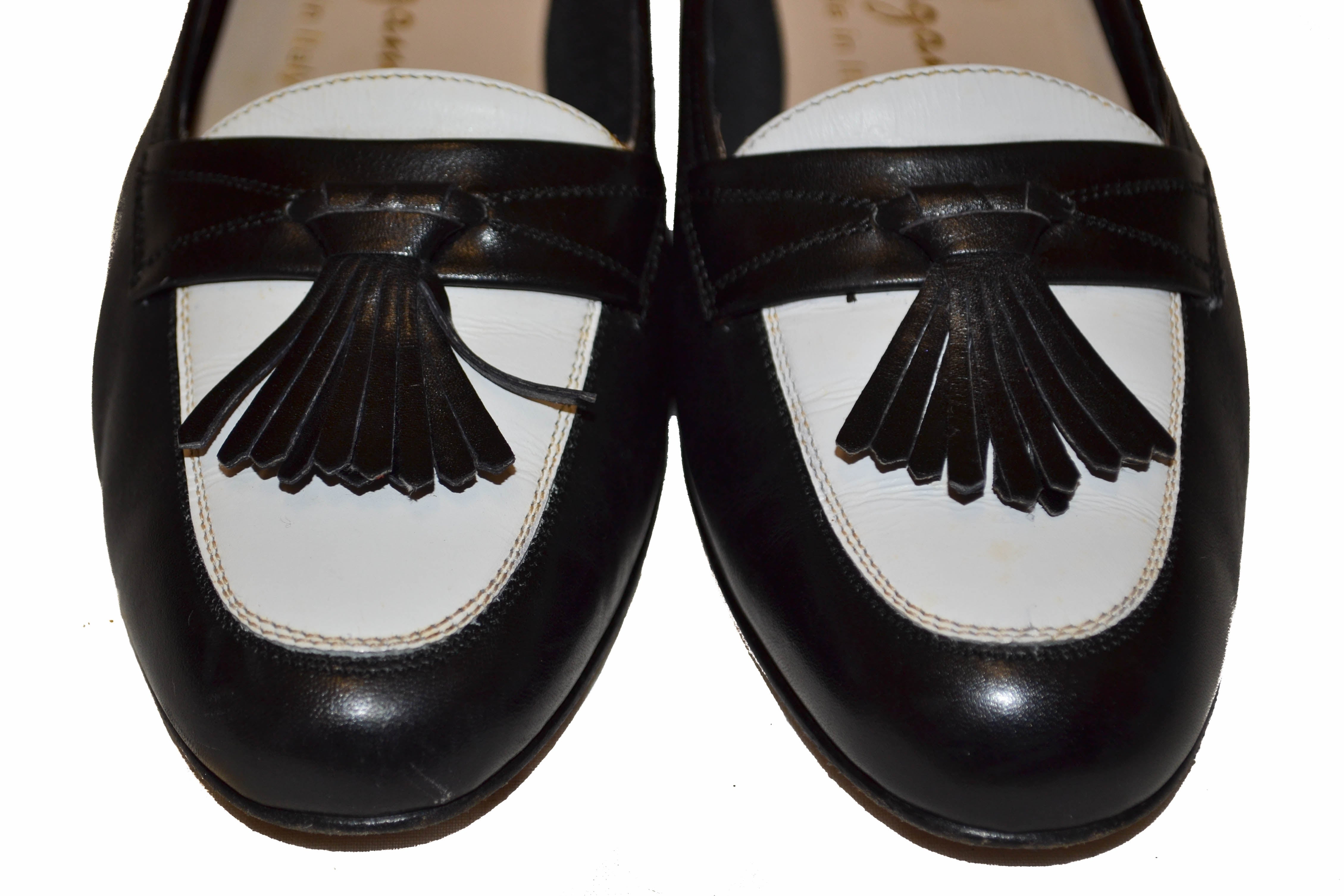 Authentic Salvatore Ferragamo Black & White Kiltie Tassel Loafers - Women's Size 6 B (US) - Classic Italian Leather Slip-On Shoes for Work, Office & Formal Occasions