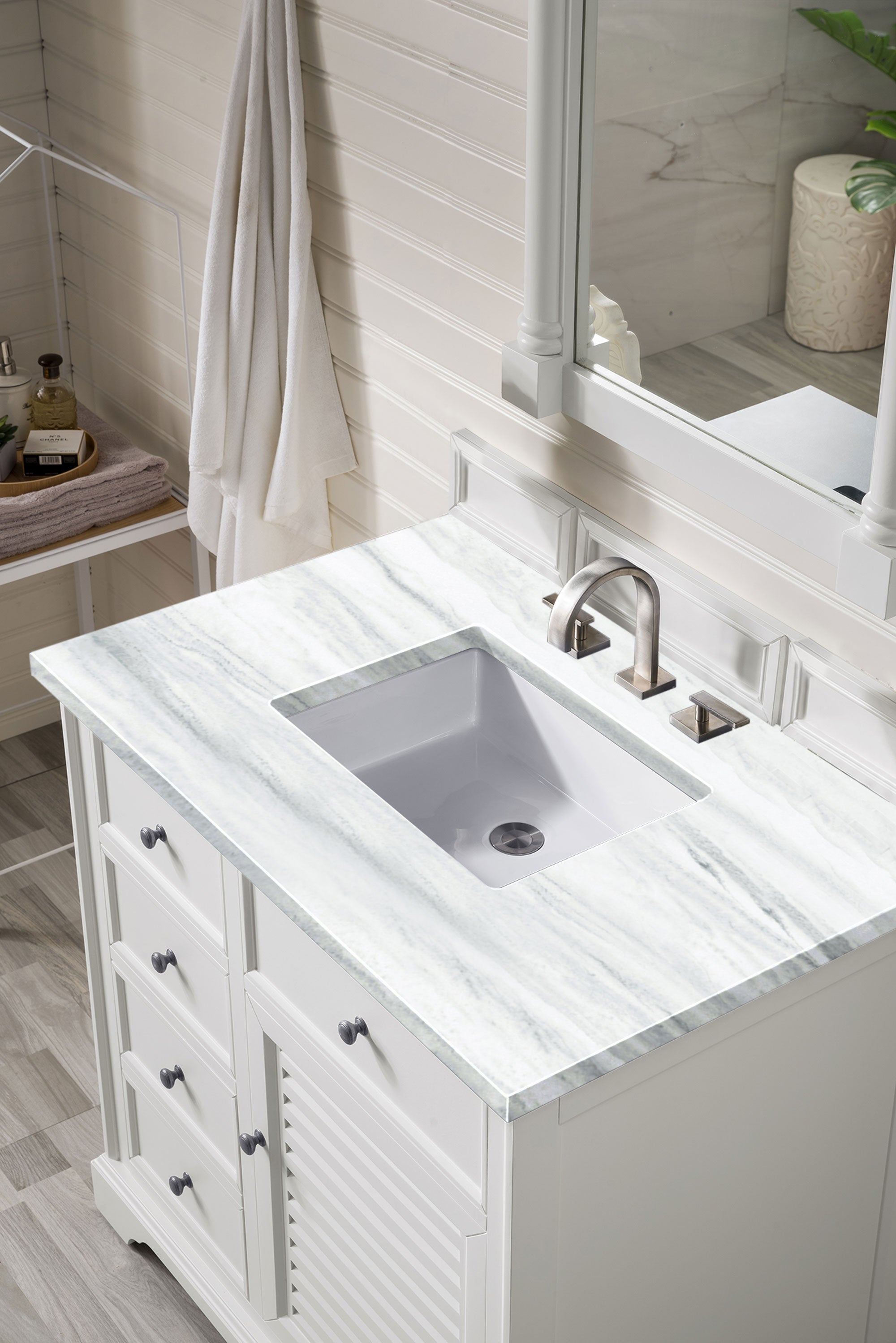 Savannah 36-Inch Bright White Bathroom Vanity with 3CM Arctic Fall Solid Surface Top - Perfect for Modern Master Bath & Powder Room Remodels