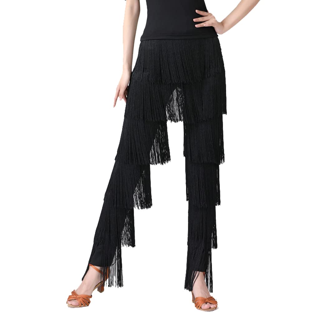 Women's Latin Dance Pants with Fringe Tassels - Black Ballroom Performance & Practice Costume for Salsa, Tango, Bachata & Social Dancing