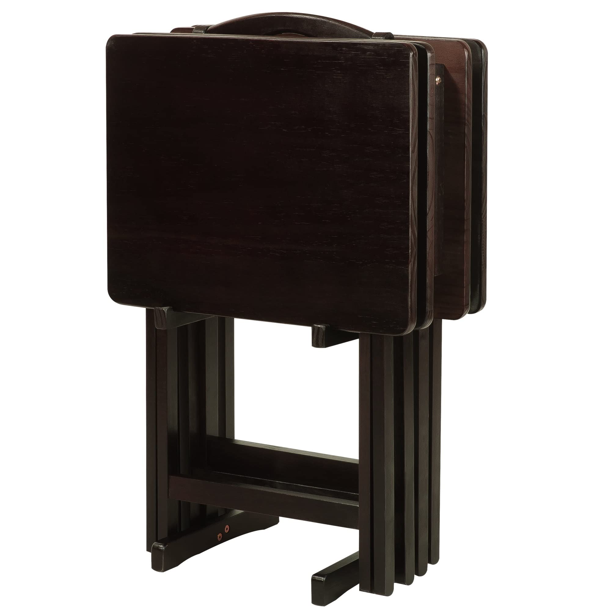 5-Piece TV Tray Table Set with 4 Trays & 1 Stand - Foldable, Lightweight & Sturdy Brown Serving Tables for Living Room, Bedroom, or Outdoor Use - Perfect for Meals, Snacks, Laptops & Crafts