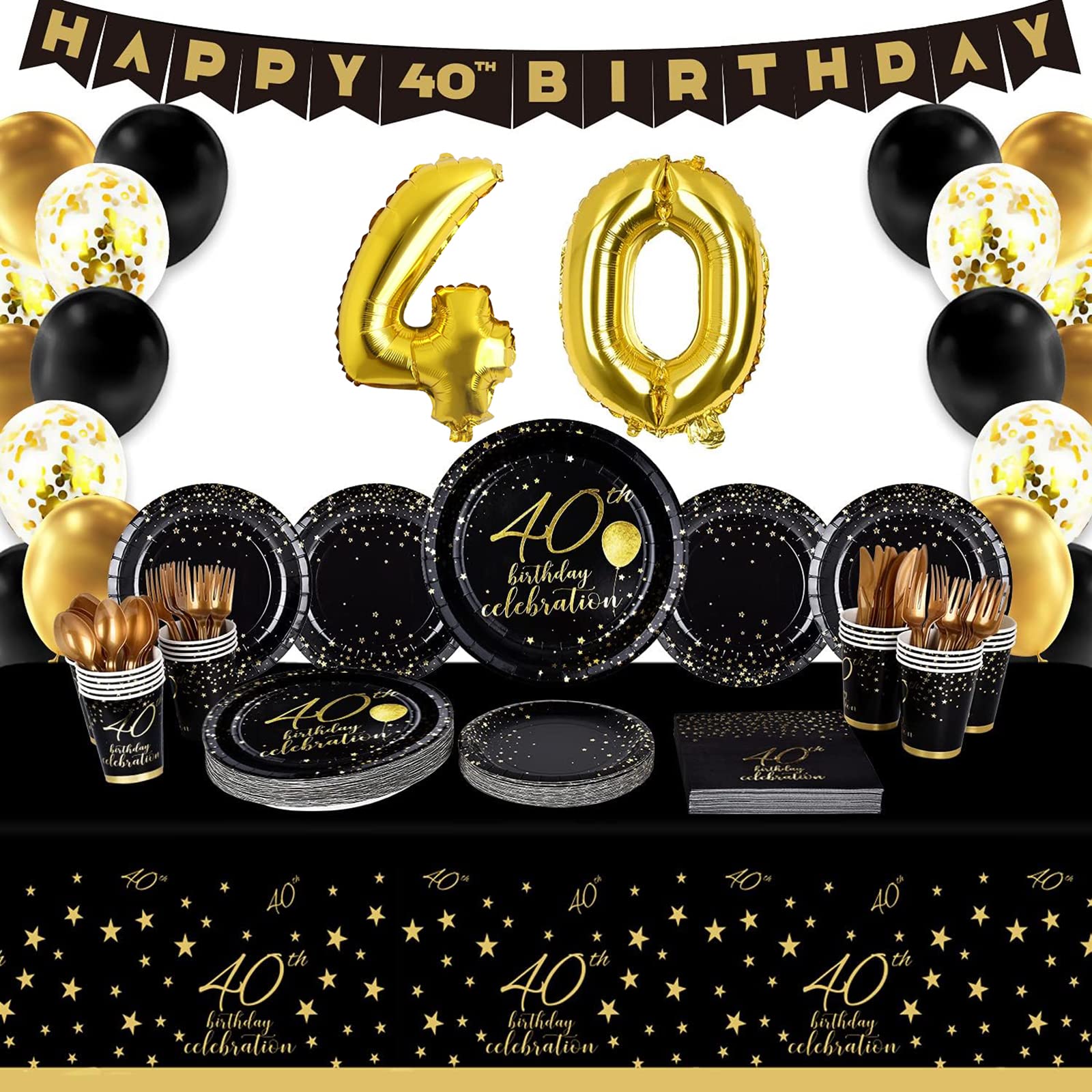 Gatherfun 40th Birthday Party Supplies Set - 40 Disposable Paper Plates, Napkins, Cups, Cutlery & Tablecloth - Black & Gold Decorations for Men & Women (Serves 25) - Perfect for Anniversary Celebrations, Milestone Parties & Special Occasions