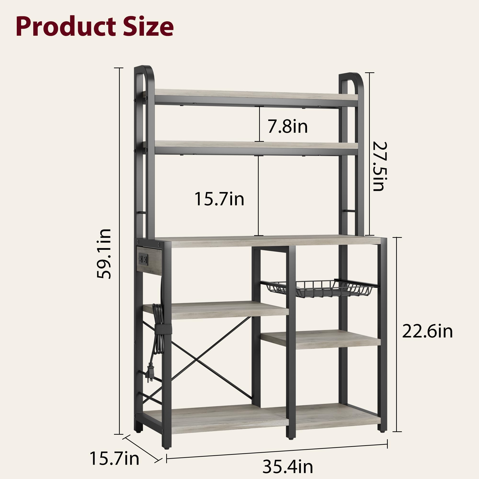 GAOMON 6-Tier Bakers Rack with Power Outlet & Wire Baskets - Freestanding Kitchen Storage Shelf for Microwave, Spices & Cookware - Retro Gray Utility Shelf for Small Spaces & Apartment Living