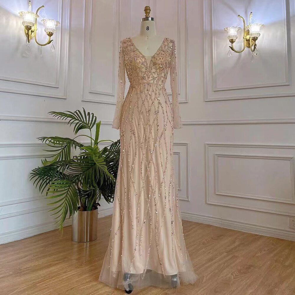 Elegant Muslim Grey V-Neck Mermaid Evening Dress with Beaded Details for Women - Dubai Luxury Party Gown 2025 (LA71903) | Perfect for Weddings, Galas & Formal Events