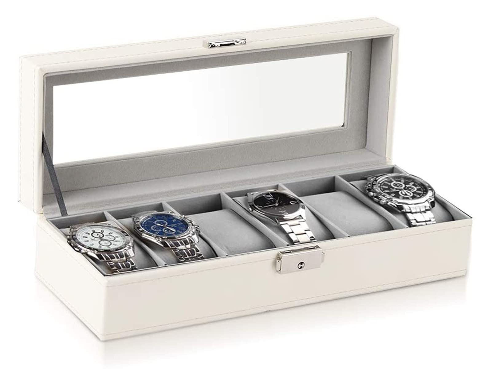 BONOCO 6-Slot Leather Watch Box with Glass Top - Luxury Jewelry Storage Organizer for Men & Women - Black & Champagne Options - Perfect for Watch Collections, Jewelry Display, and Gift Giving
