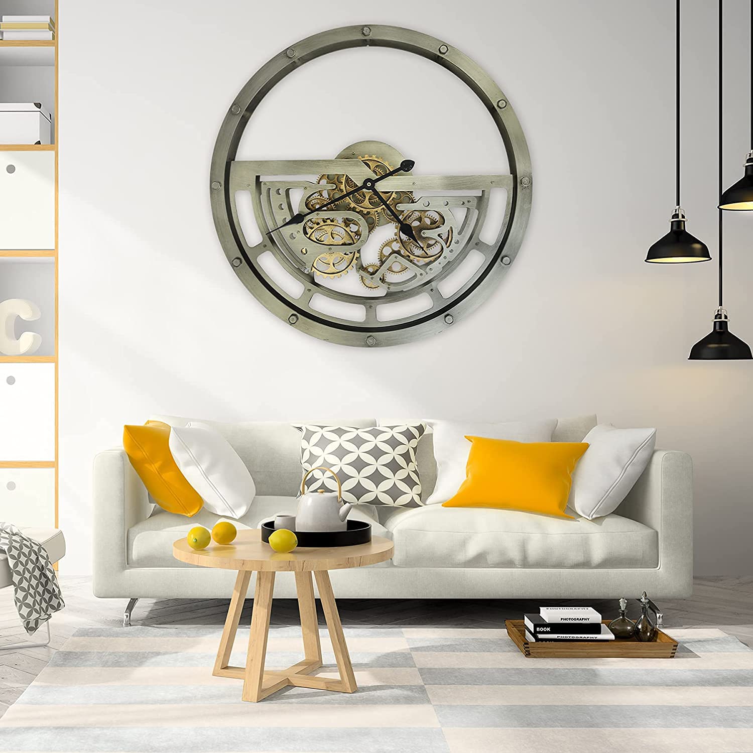 WOERD Industrial Steampunk Wall Clock - Large 65cm Vintage Metallic Moving Gear Silent Non-Ticking Clock - Perfect for Home Office, Living Room & Man Cave Decor