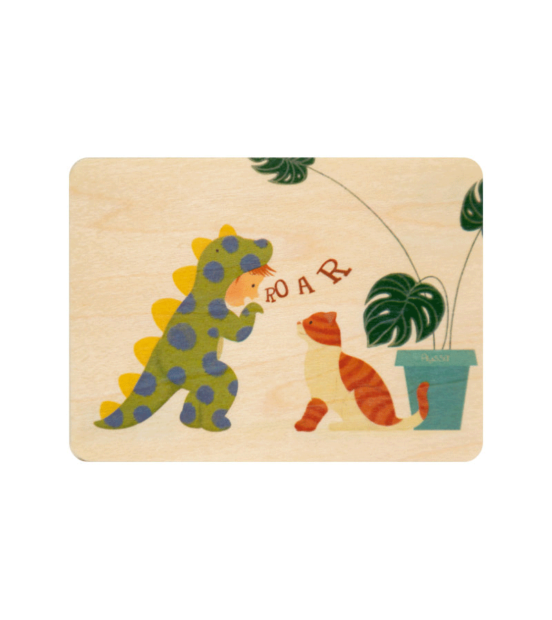 Dino Boy and Cat Mini Wooden Greeting Card - Handmade Wooden Postcard by WOODHI - Perfect for Birthdays, Anniversaries & Special Occasions