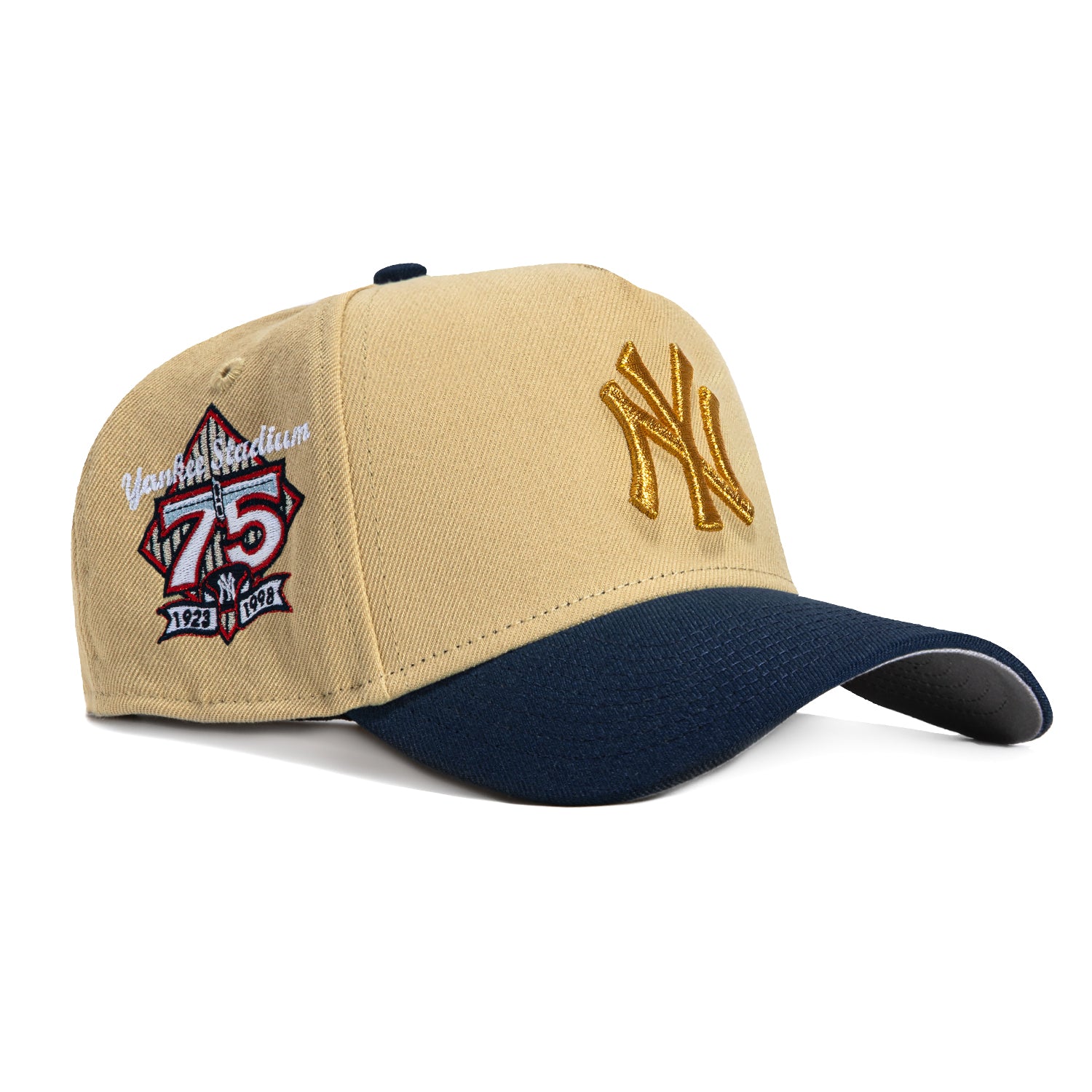 New Era 9Forty A-Frame New York Yankees 75th Anniversary Snapback Hat with Stadium Patch - Tan, Navy, Metallic Gold | Baseball Cap for Fans, Sports Events & Streetwear Fashion