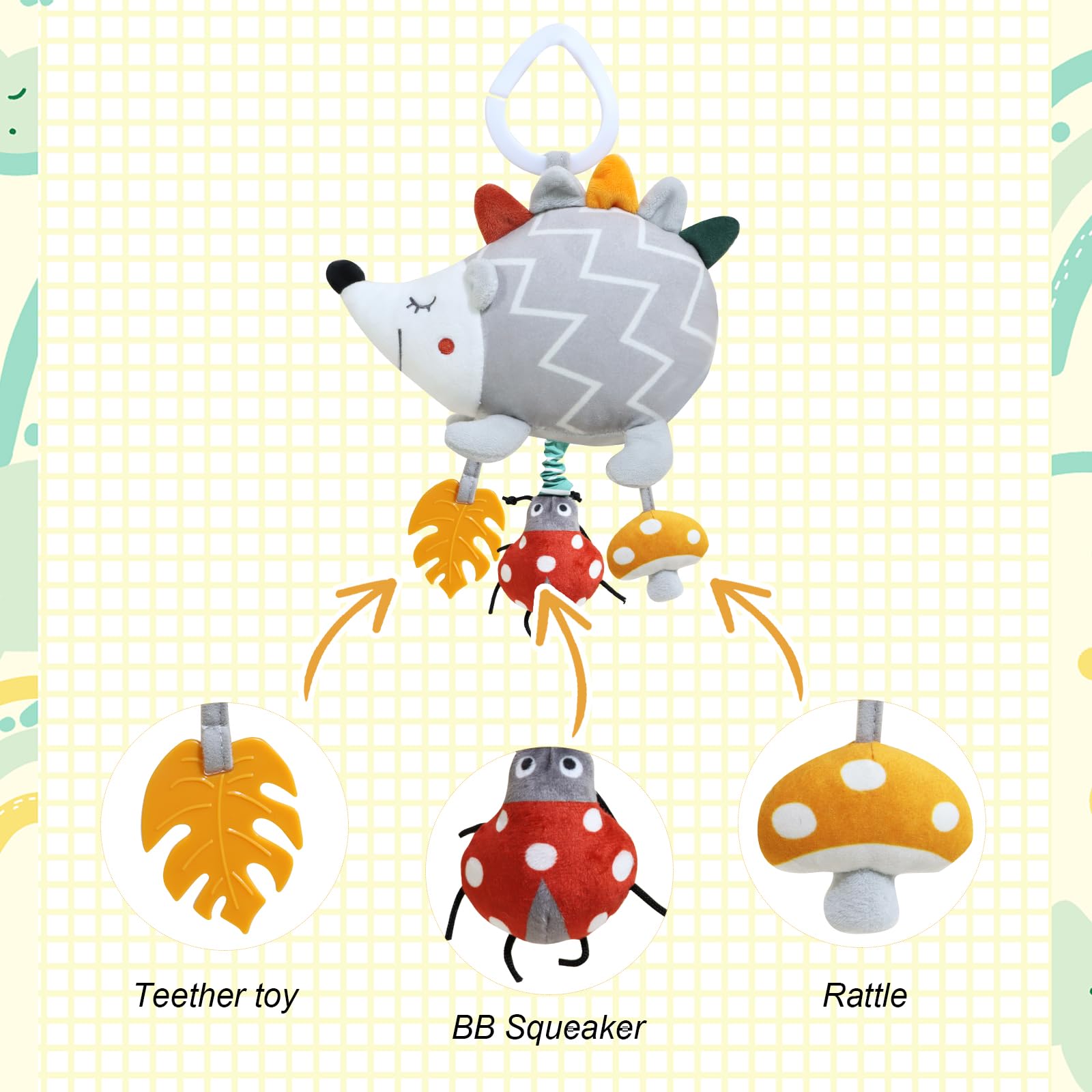 Soft Musical Hedgehog Baby Car Seat & Stroller Toy - Sensory Developmental Learning Toy with Teether for Newborns 0-12 Months | Perfect for Crib, Stroller & Travel | Infant Toys for Boys & Girls