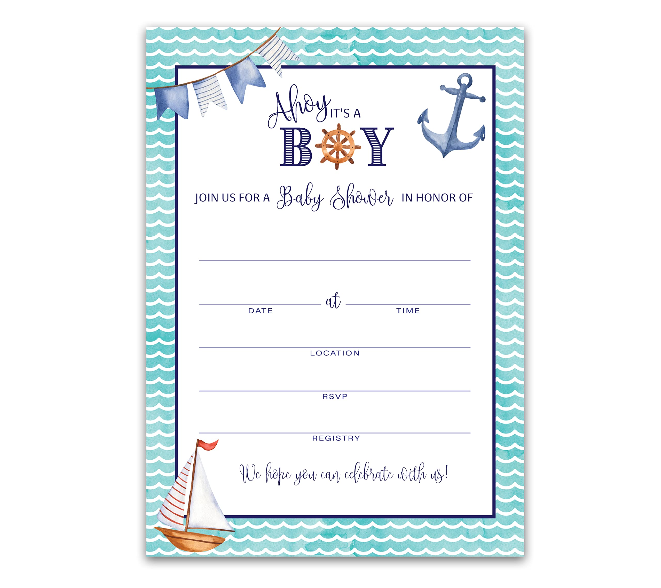 Ahoy It's a Boy! Nautical Baby Shower Invitations - Pack of 25 Blank Fill-in Invites with Rustic Navy Blue Anchor & Sailboat Design - Perfect for Co-ed & Couples Baby Showers - Ideal for Ocean-Themed Celebrations & Gender Reveal Parties