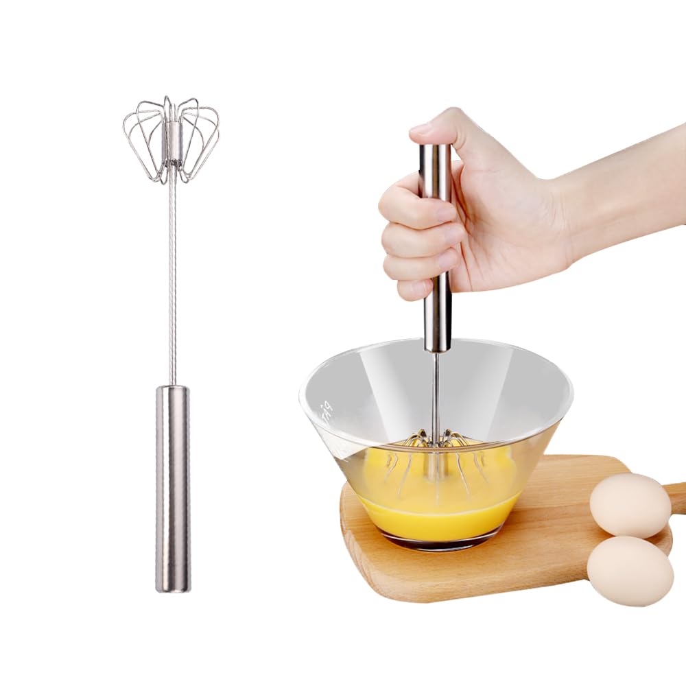 2024 Upgraded Stainless Steel Semi-Automatic Hand Push Rotary Whisk - 10 Inch Egg Beater & Milk Mixer for Baking, Cooking, Coffee, Smoothies - Durable Kitchen Tool for Home & Professional Use