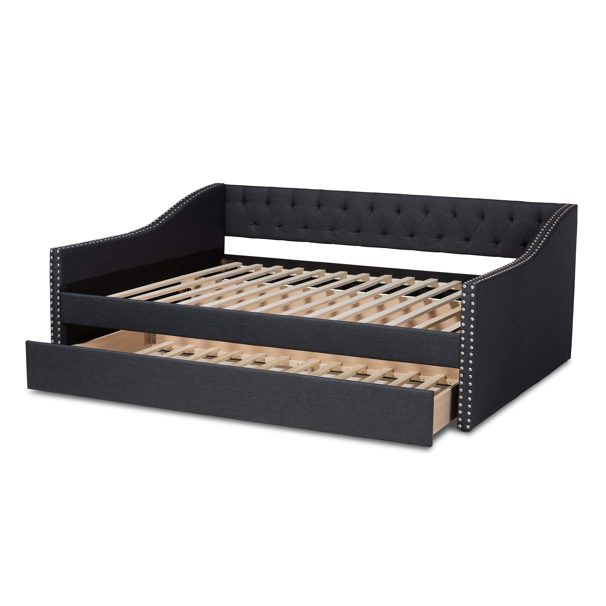Baxton Studio Modern Queen Daybed with Trundle - Dark Grey Upholstered Sleeper Sofa for Guest Room, Living Room & Small Spaces