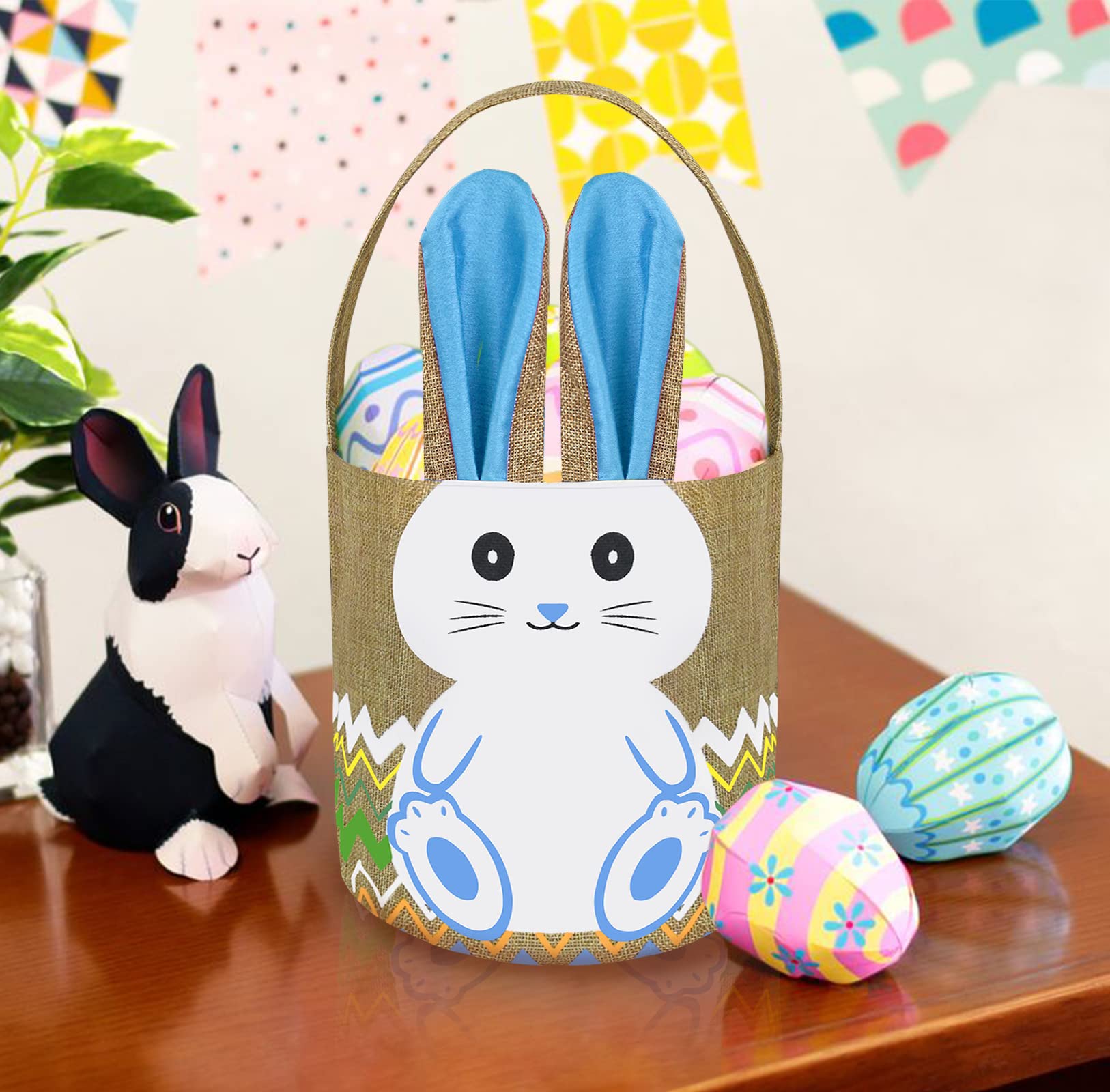 Personalized Easter Basket with Cute Blue Bunny Ears - Empty Linen Easter Gift Basket for Kids, Boys & Girls - Perfect for Easter Egg Hunts, Party Favors & Spring Celebrations