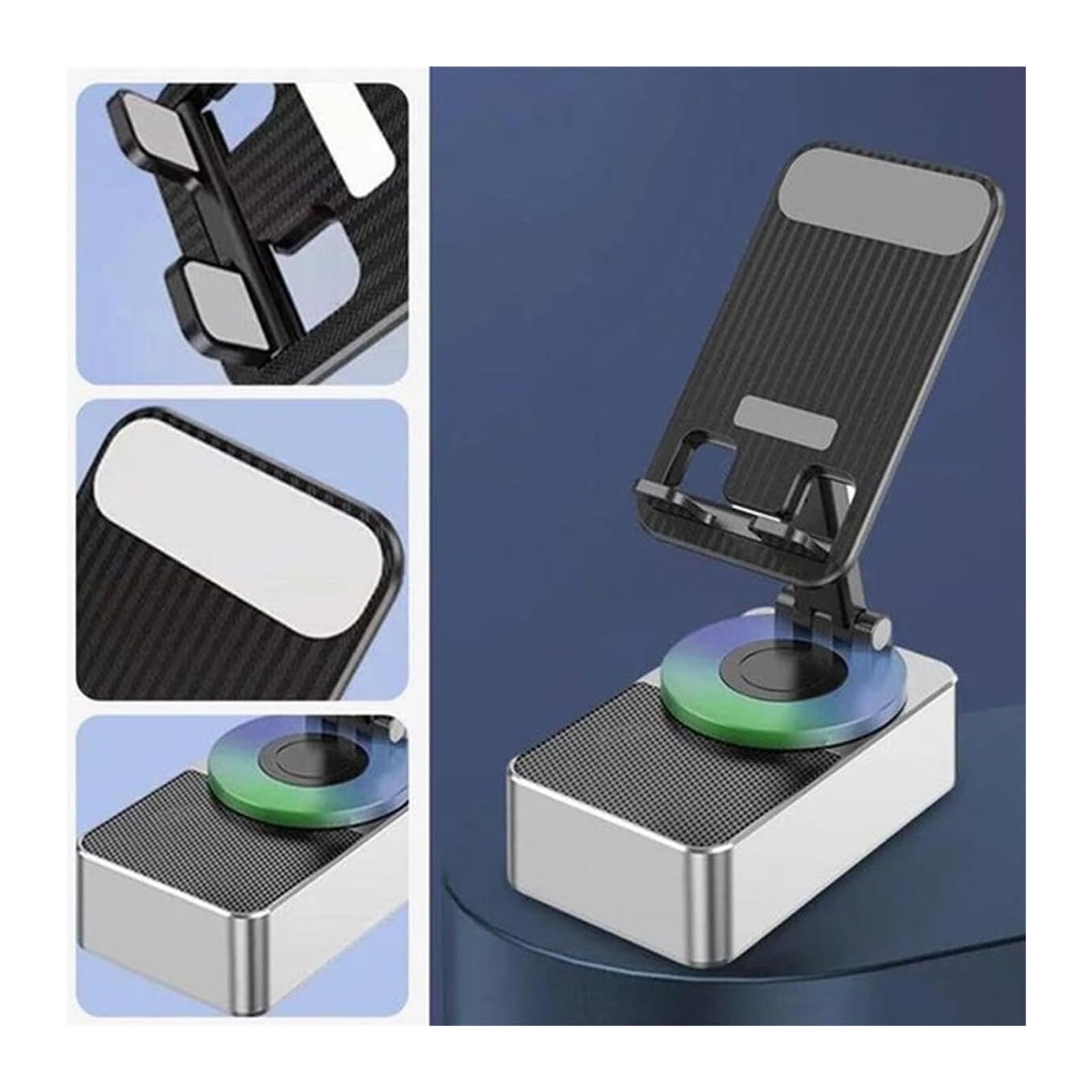Bluetooth Audio Power Phone Holder & Stand with Wireless Speaker - Foldable Cellphone Stand with Built-in Bluetooth 5.0, Portable Speakerphone for Home Office Desk, Car Dashboard & Travel (Gray) - Perfect for Video Calls, Music Streaming & Hands-Free Calling