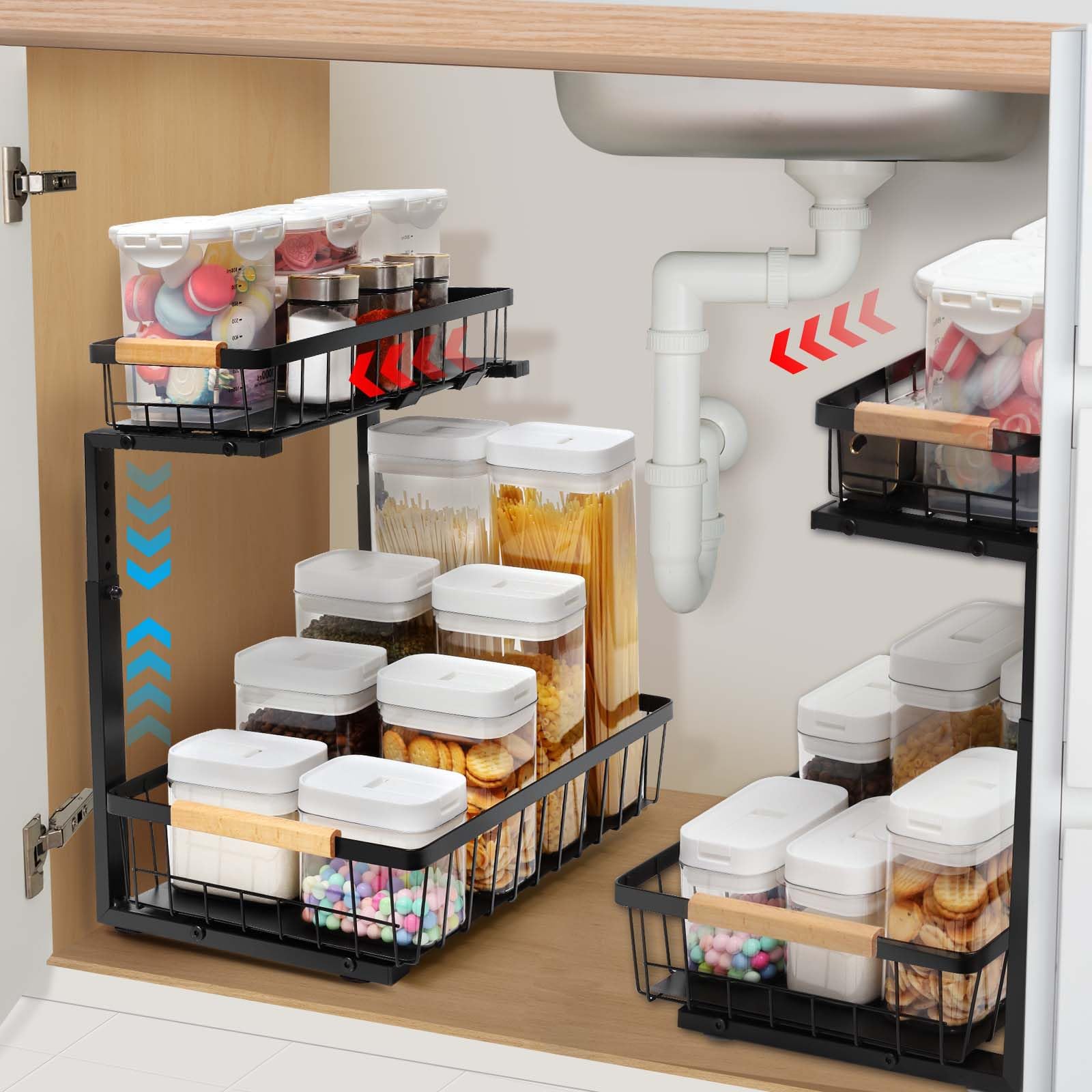 2-Pack Under Sink Organizers - Adjustable 2-Tier Sliding Cabinet Storage for Kitchen & Bathroom | Space-Saving Pull-Out Drawer Organizer for Cleaning Supplies, Sponges & Toiletries
