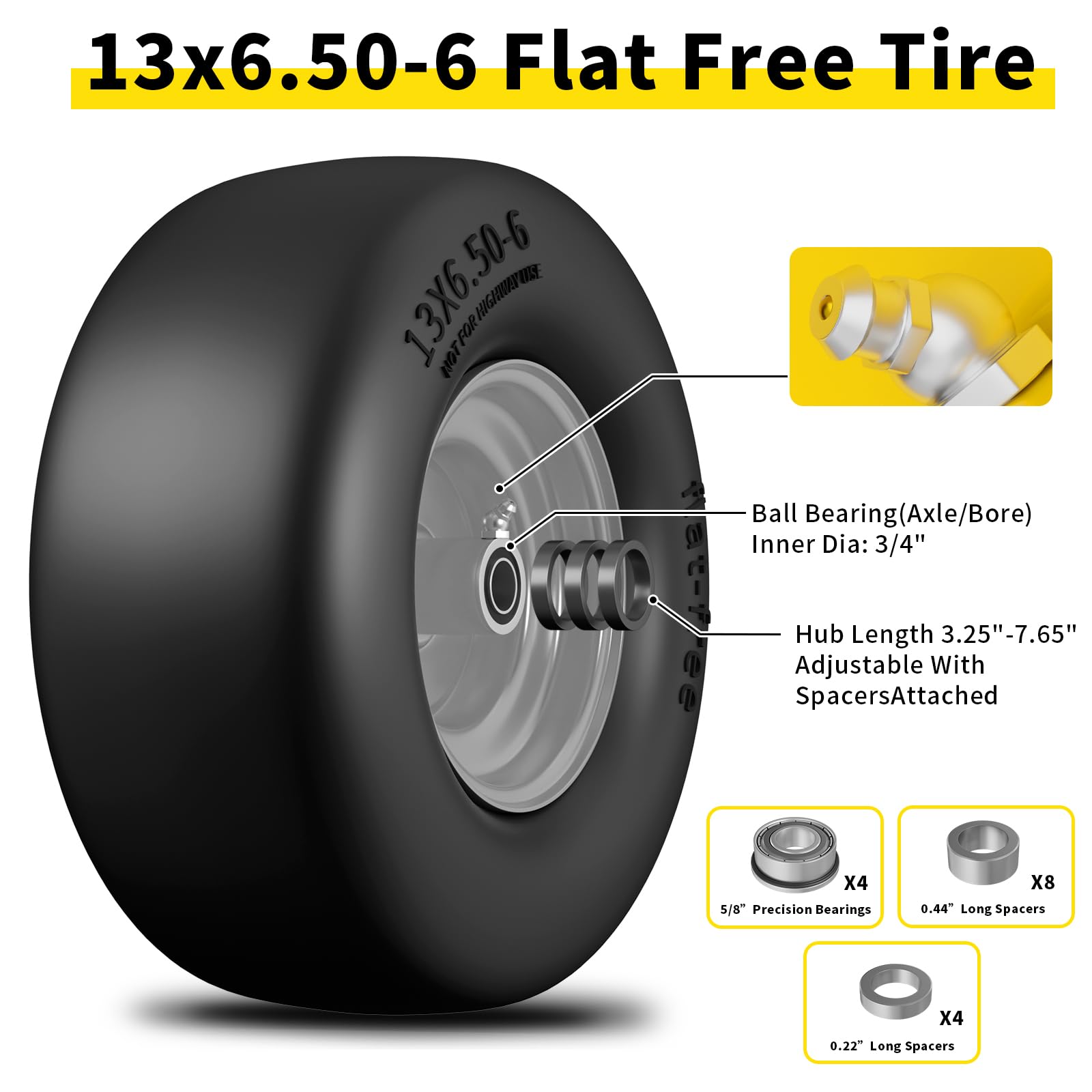 13x6.50-6 Flat Free Lawn Mower Tires & Wheels Set (2-Pack) - Zero Turn Mower Front Tires for Residential & Commercial Use - Fits 3/4