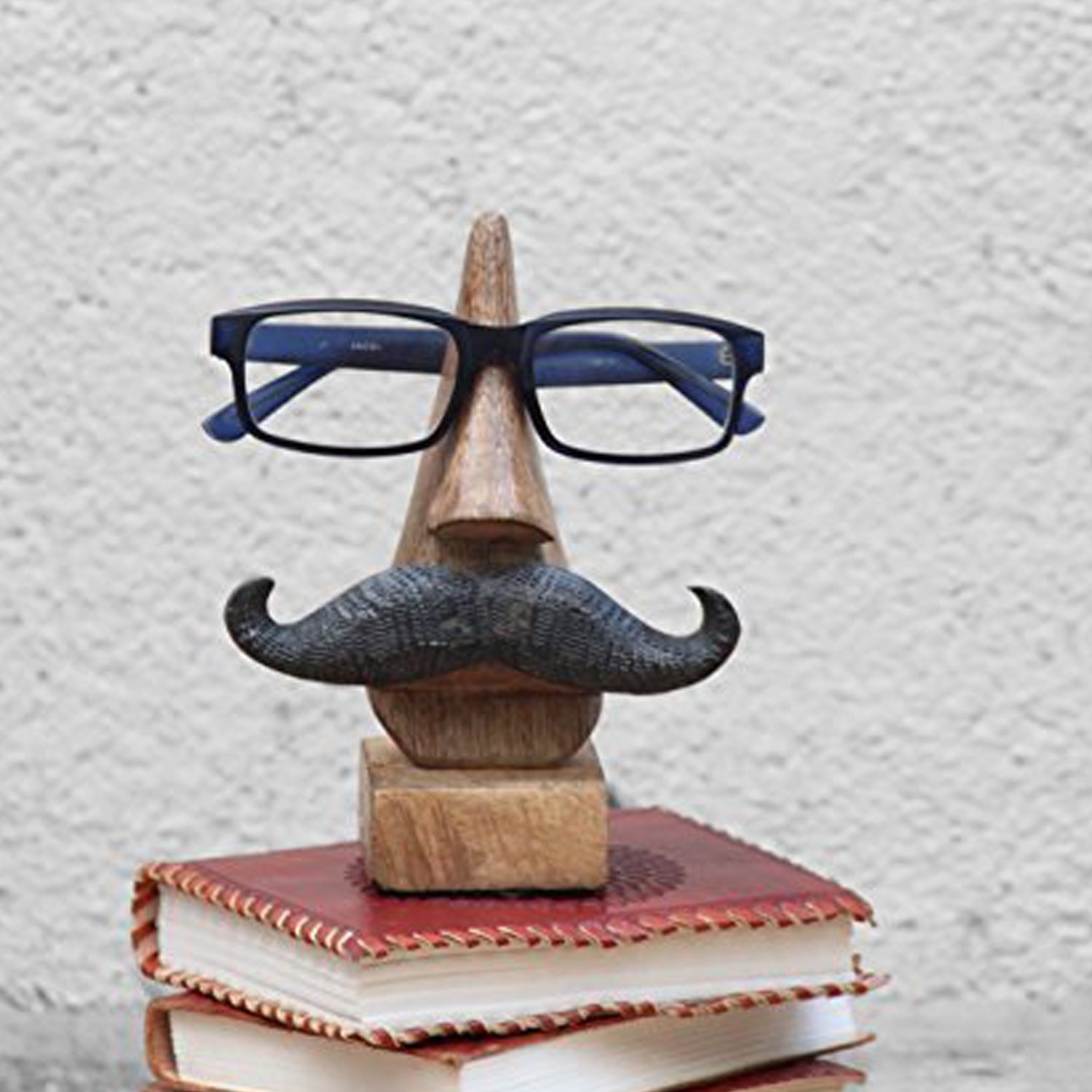 Wooden Glasses Holder with Mustache Design - 6 Inch Brown Eyeglass Stand for Desk, Bathroom or Nightstand - Perfect Easter, Mother's Day & Good Friday Gift for Men & Women