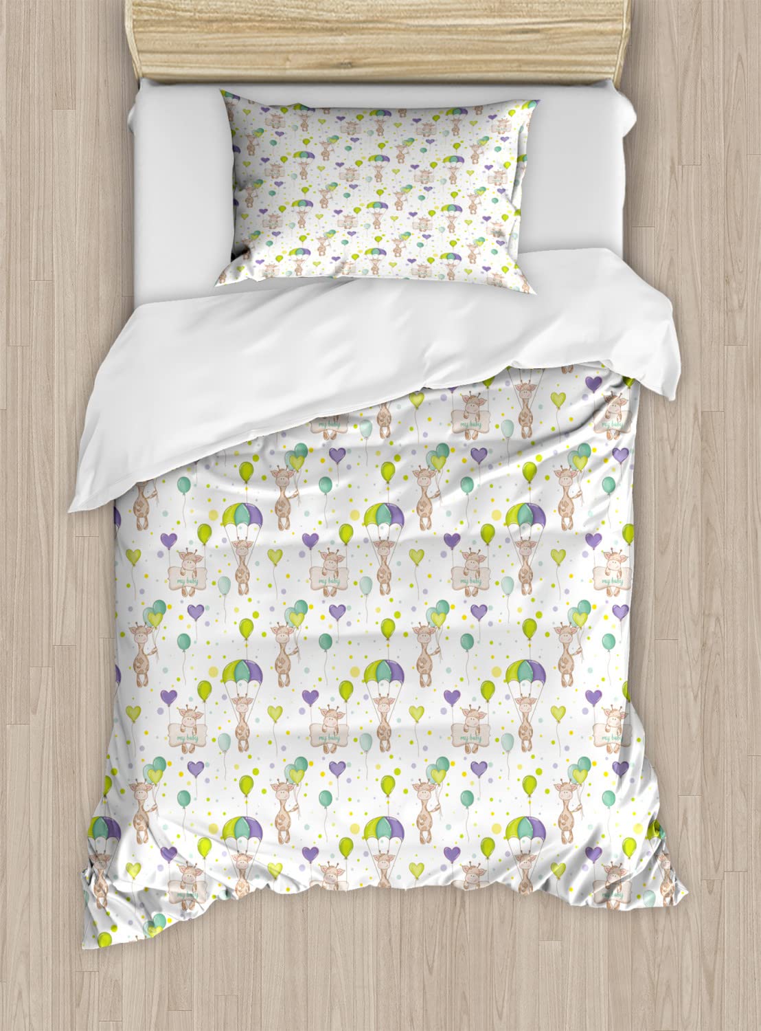 Ambesonne Cartoon Giraffes Flying with Balloons Duvet Cover Set - Twin Size 2-Piece Bedding with Polka Dot Hearts Design, Soft Microfiber for Kids & Teens Bedroom Decor, Perfect for Birthday Gifts and Nursery Room Theme
