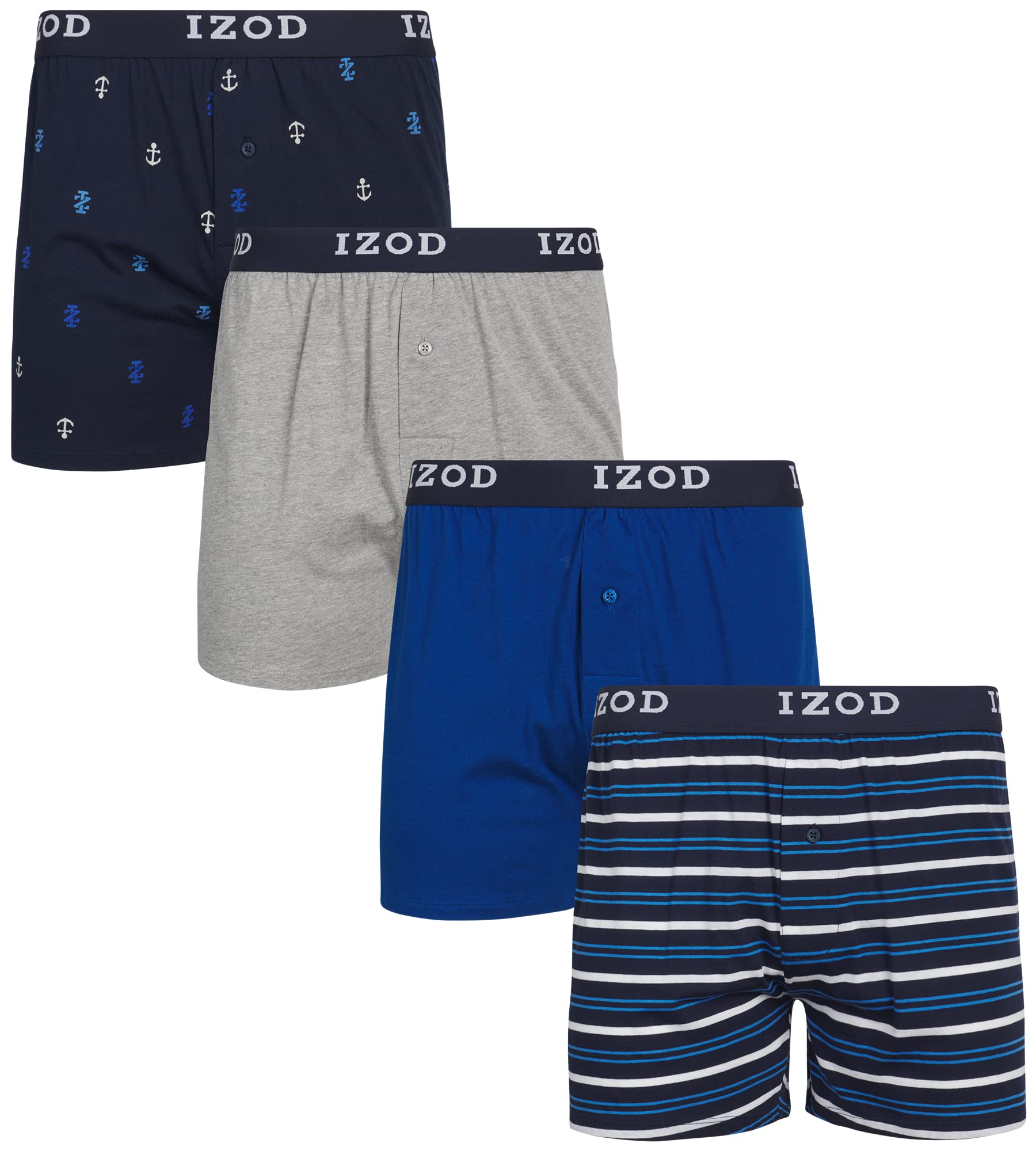 IZOD Men's Boxer Shorts 4-Pack - Classic Knit Underwear with Functional Fly - Soft & Breathable Cotton Boxer Briefs for Men (Sizes M-2XL) - Perfect for Everyday Wear, Workout & Travel