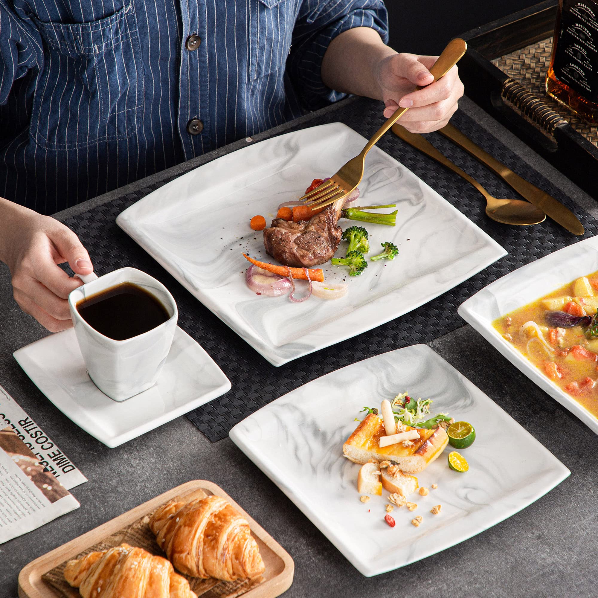 MALACASA 30-Piece Square Porcelain Dinnerware Set for 6 - Marble Grey Plates & Bowls with Dinner Plates, Dessert Plates, Soup Bowls, Cups & Saucers | Dishwasher & Microwave Safe, Blance Series | Perfect for Family Dinners, Dinner Parties & Restaurant Use