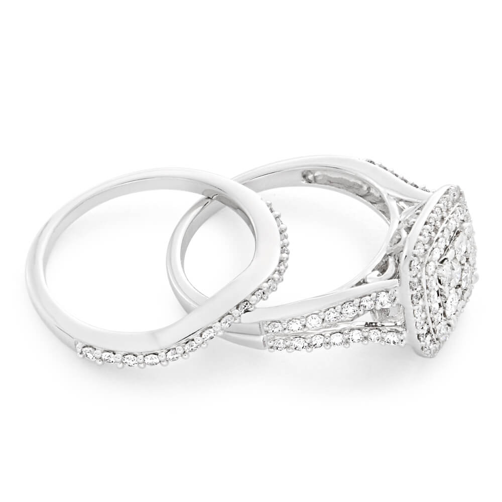 9ct White Gold 2 Ring Bridal Set With 1.2 Carats Diamonds - Elegant Wedding Ring Set for Engagement & Marriage Ceremony