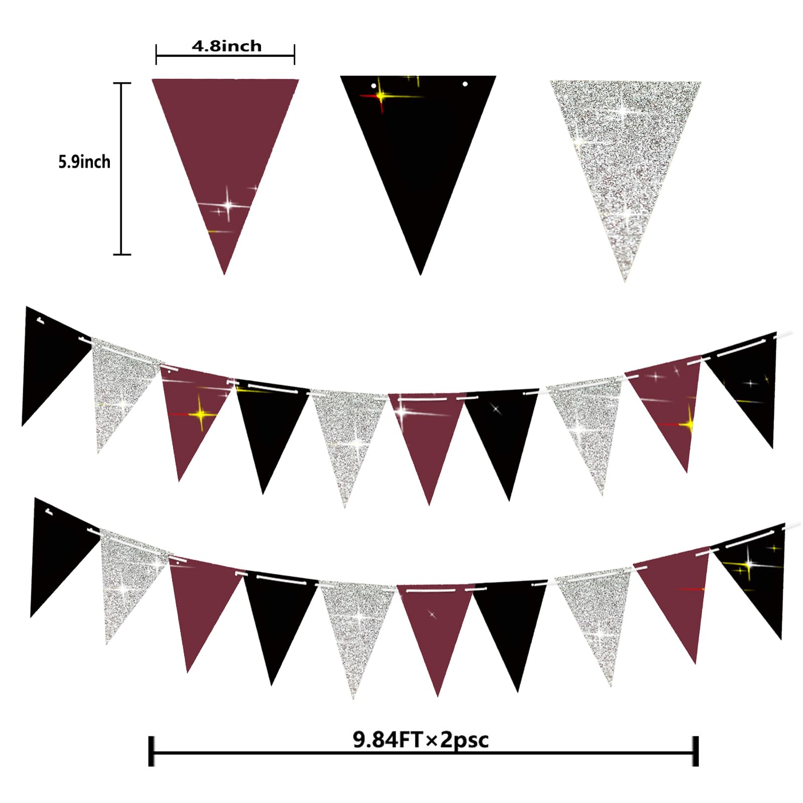 2025 Maroon & Black Graduation Party Decorations Set - Burgundy Silver Triangle Banners (2pcs) for Graduation, Birthday, Bridal Shower & Wedding Celebrations - Perfect for School Events, Home Parties & Special Occasions
