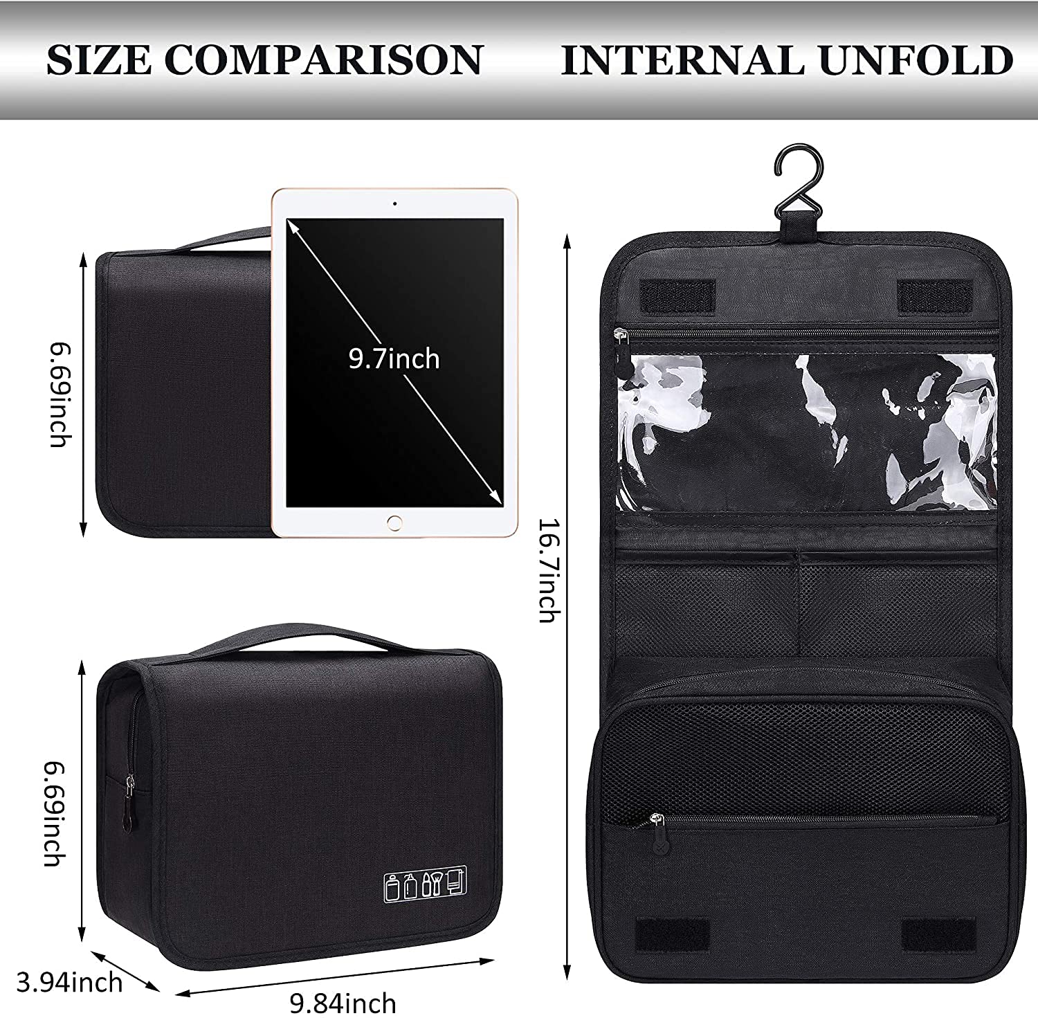 Acopton Waterproof Hanging Toiletry Bag - Portable Travel Cosmetic Organizer for Men & Women | Perfect for Bathroom, Shower & Makeup Storage (Black)