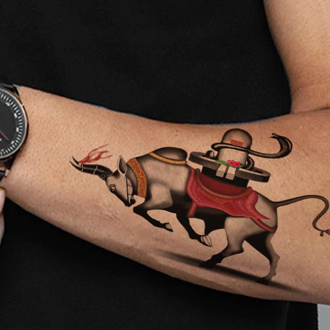 God Nandi with Shivling Waterproof Temporary Tattoo for Men & Women - Long Lasting Religious Body Art for Festivals, Yoga & Spiritual Events