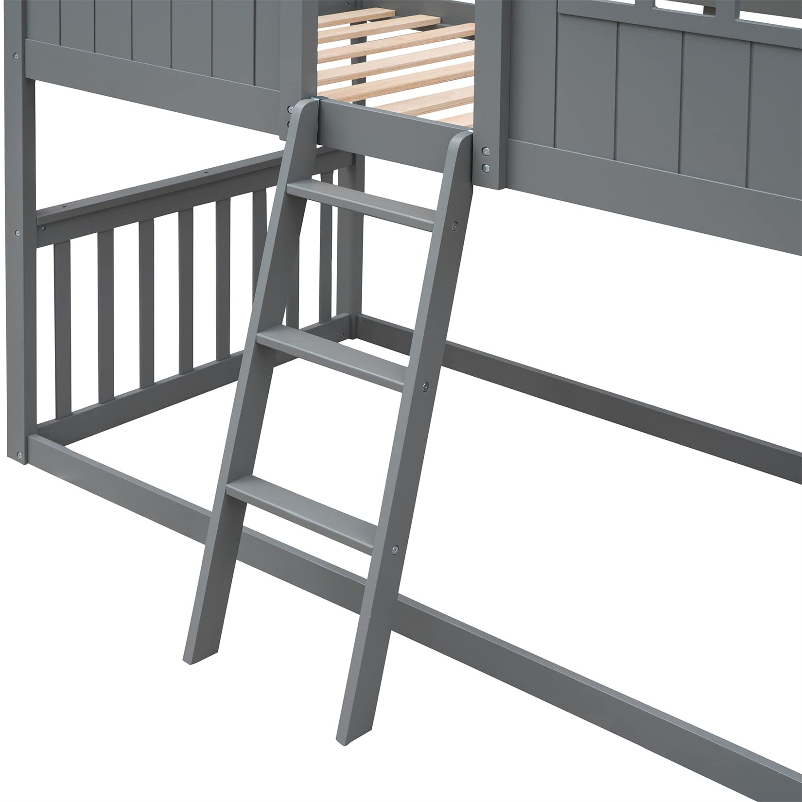 Bellemave Twin Over Twin Low Bunk Beds - Wooden Playhouse Loft Bed Frame for Kids, Boys, Girls & Teens - Space-Saving Gray Bunk Bed for Small Rooms, Shared Kids Bedroom & Sleepovers