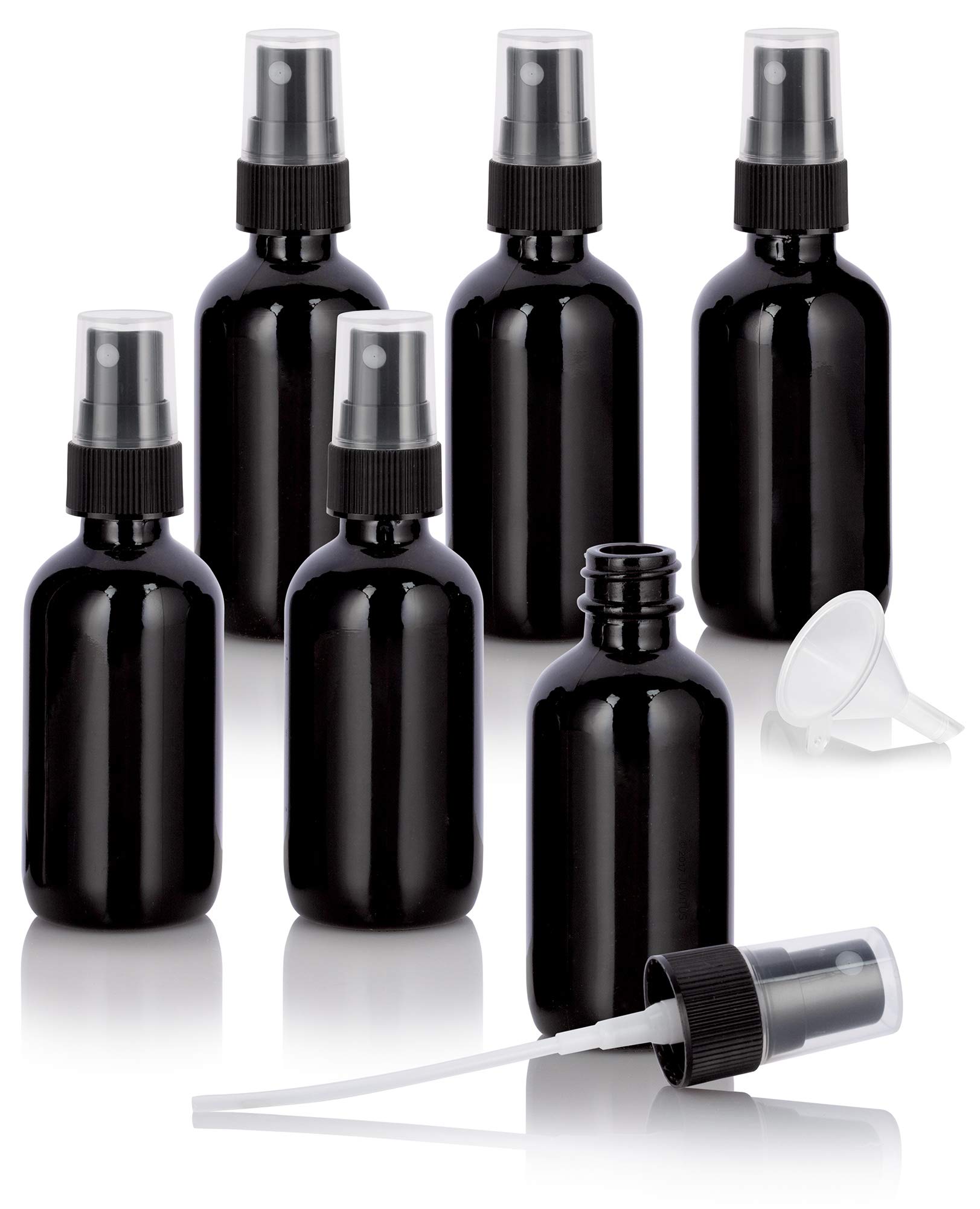JUVITUS 2 oz Black Glass Boston Round Bottle with Black Fine Mist Spray (6 Pack) + Funnel - Perfect for Essential Oils, Perfumes & DIY Beauty Products