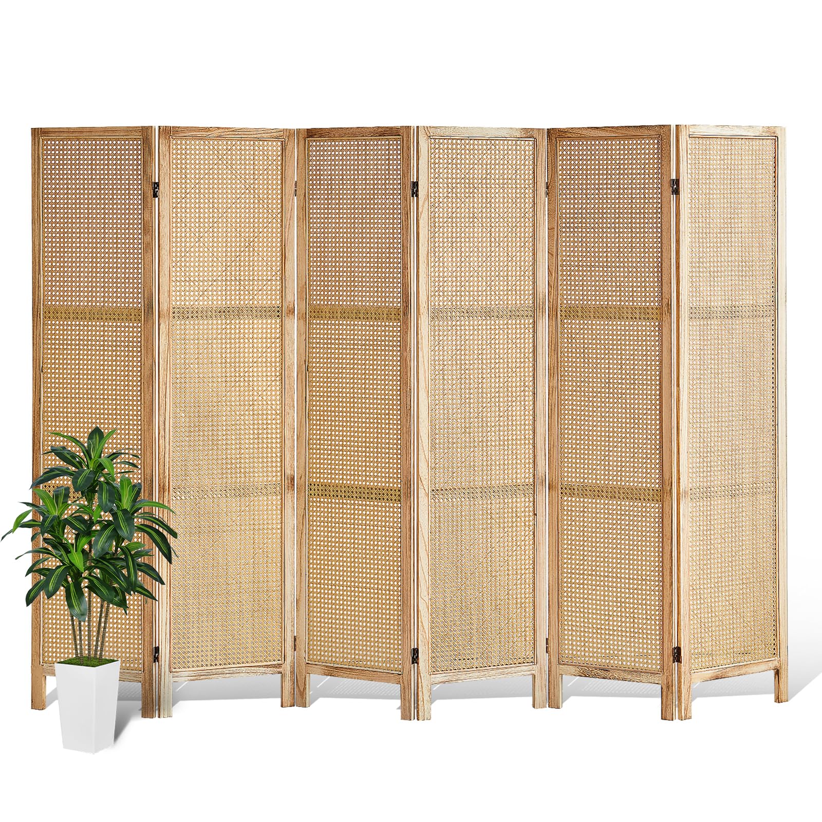 6 Panel Rattan Room Divider Screen - 5.6 Ft Tall Foldable Wooden Partition Wall - Freestanding Privacy Screen for Home, Office & Bedroom - Natural Woven Design - Perfect for Room Separation, Zen Decor & Space Division