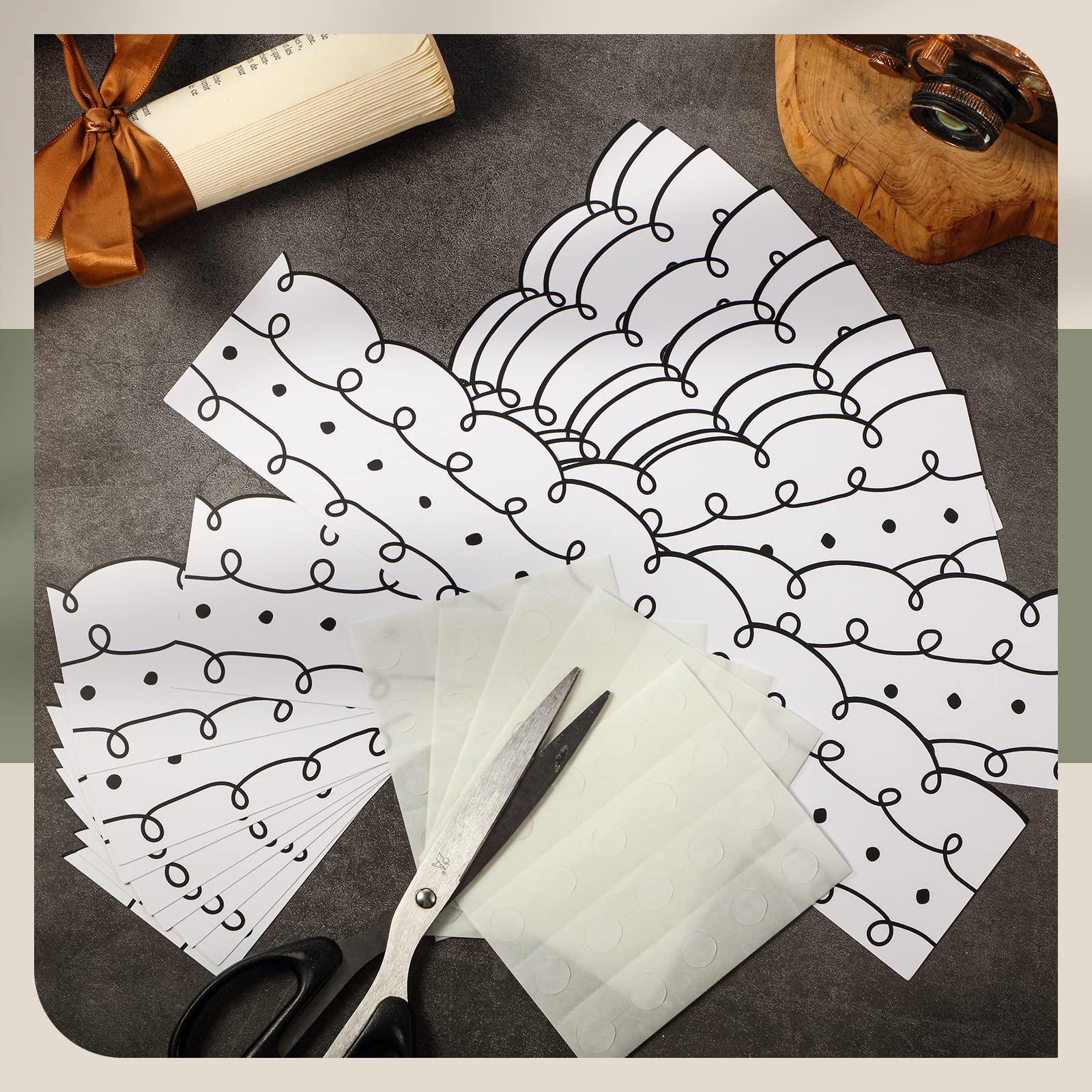 Leinuosen 44 Pcs Squiggles and Dots Die Cut Border Trim - 50.5 ft White with Black Bulletin Board Borders for Classroom Decor, Includes 20 Sheet Glue Point Dots - Perfect for School, Office, and Home Bulletin Boards