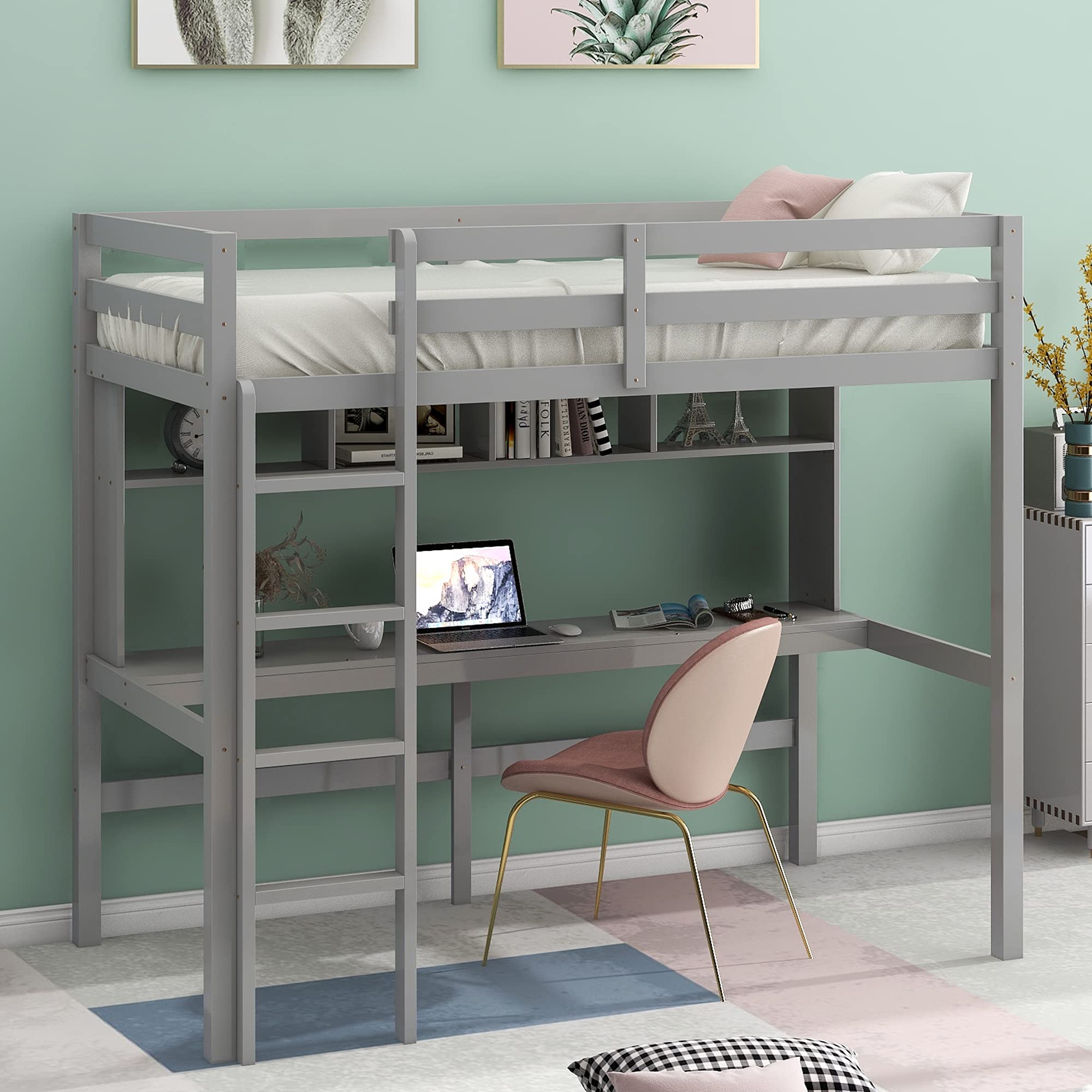 P PURLOVE Twin Size Wooden Loft Bed with Desk, Shelves & Ladder - Space-Saving Kids Bed for Small Bedroom, Dorm Room or Studio Apartment - Perfect Study & Sleep Solution for Teens & Children